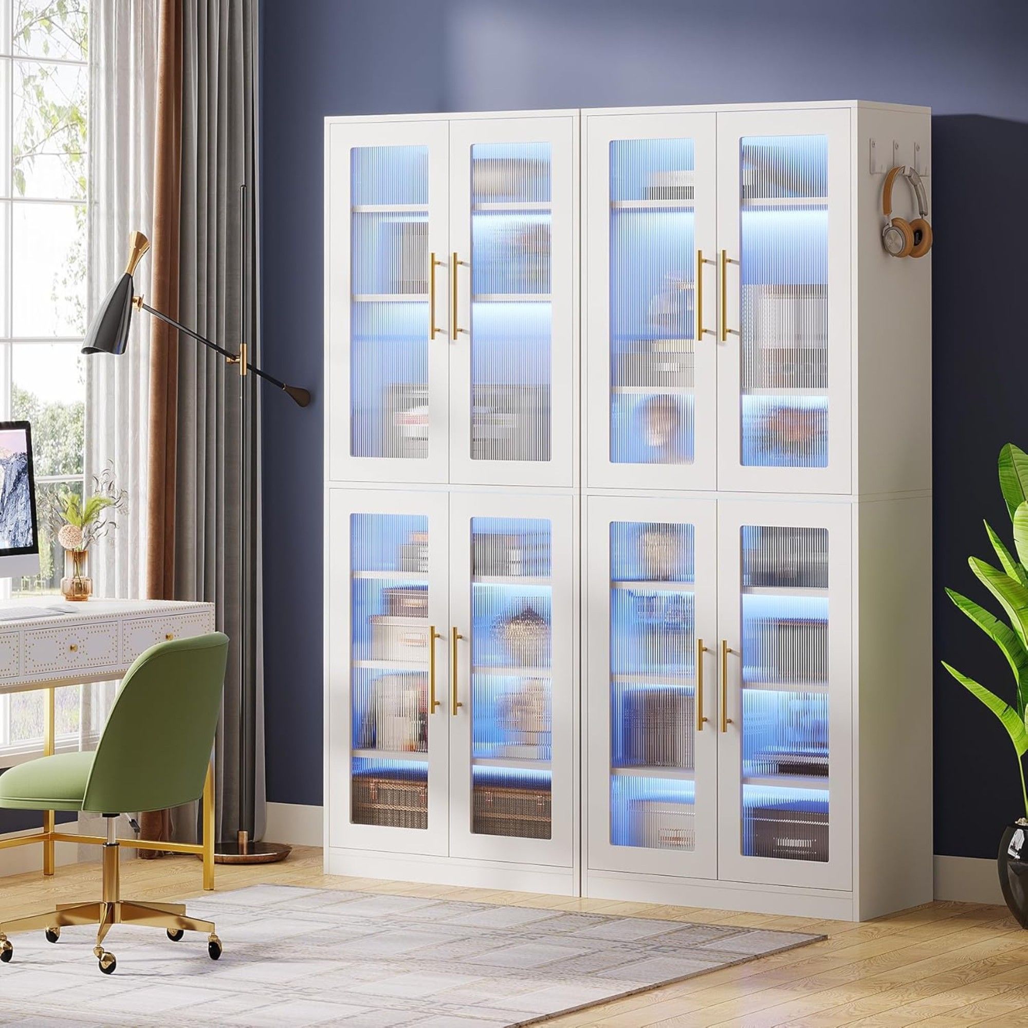 Bookcase With Doors And LED Lighting, 8 Adjustable Shelves Storage Cabinet