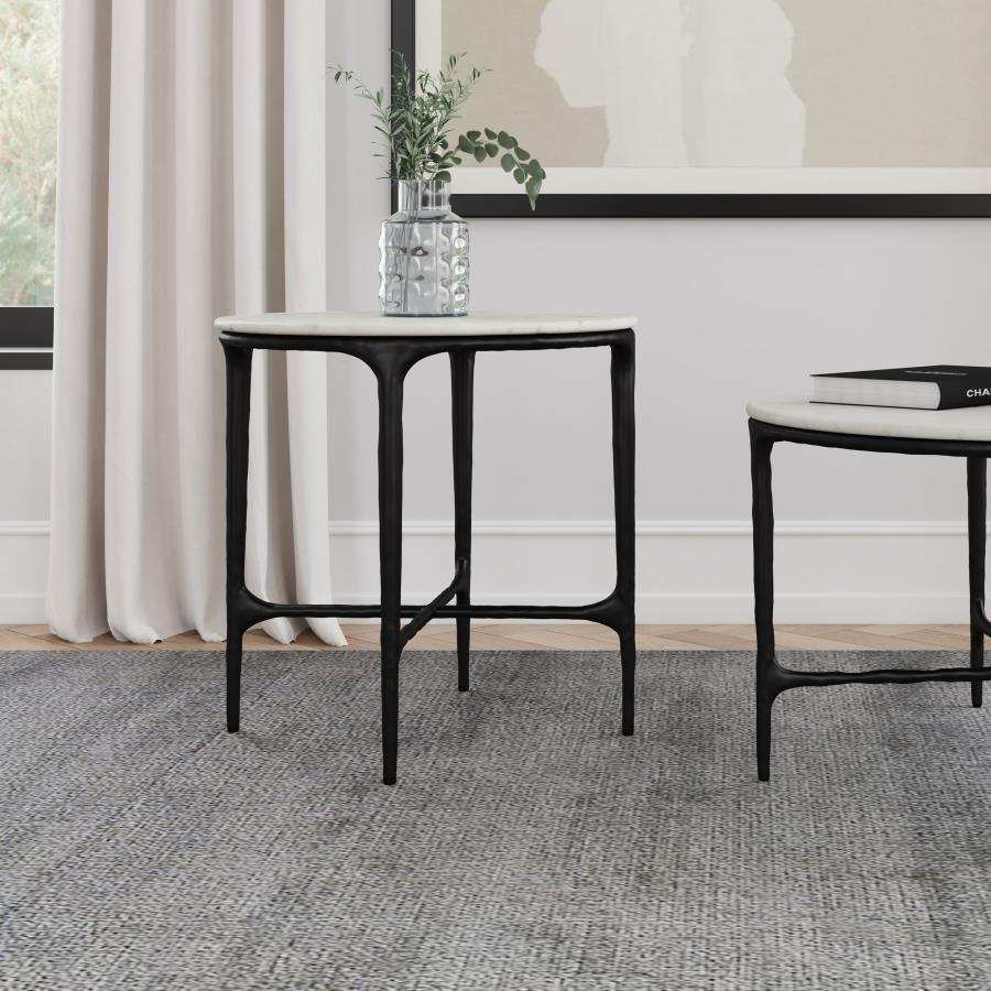 Hermas - Round Genuine Marble Top Metal End Side Table - White