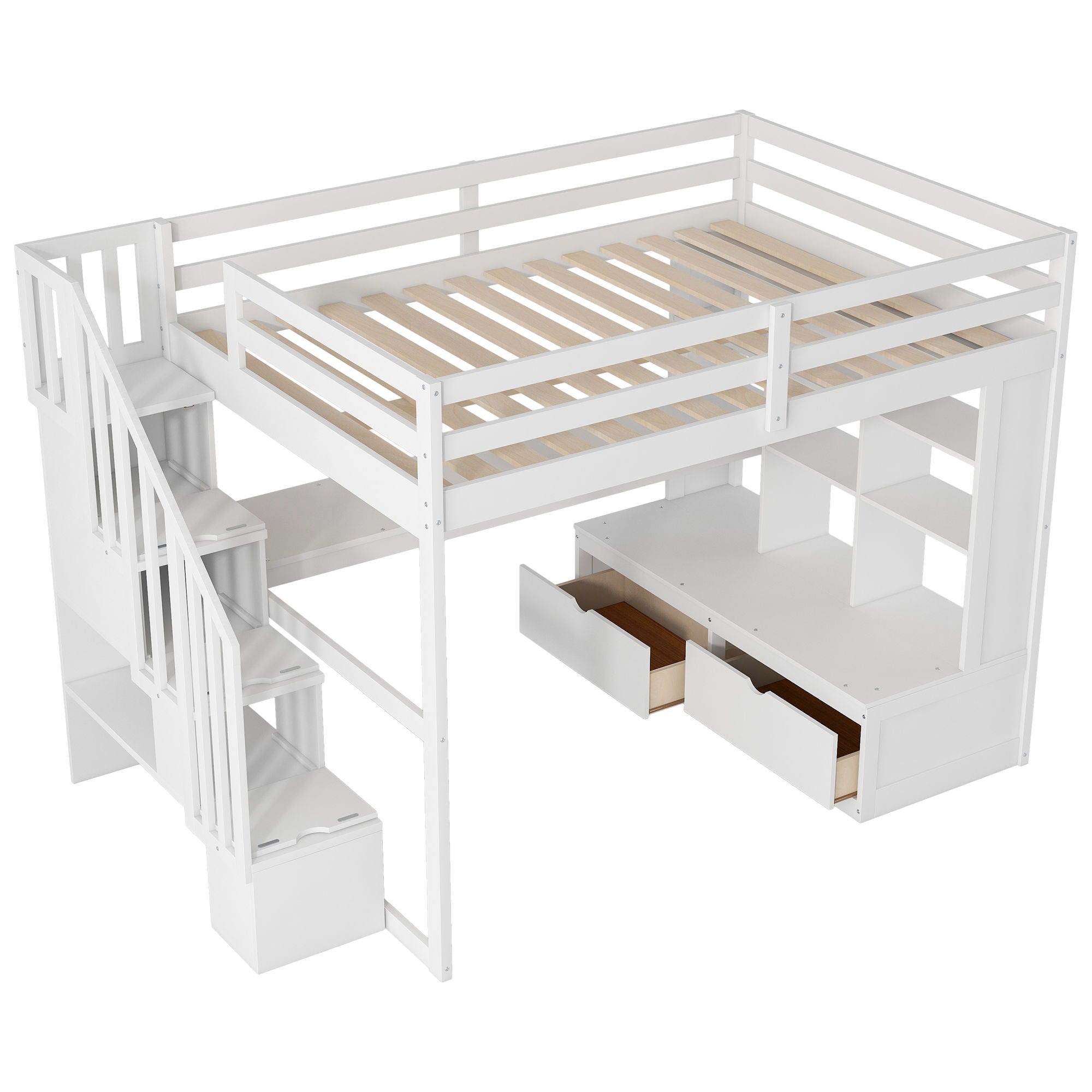 Full Size Loft Bed With Desk And Shelves, 2 Built In Drawers, Storage Staircase - White