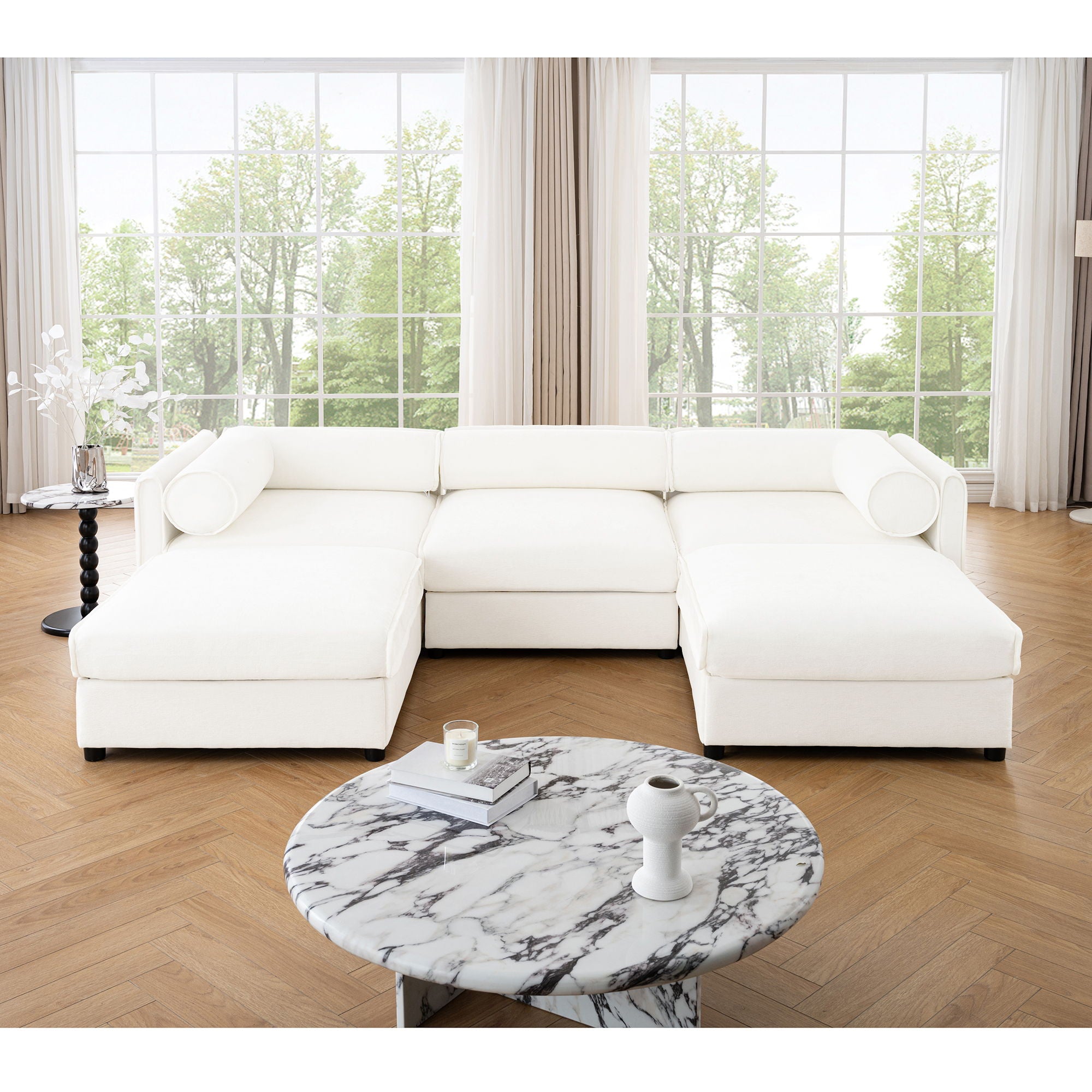 Contemporary Elegant White Chenille Sofa With Storage And Ottoman