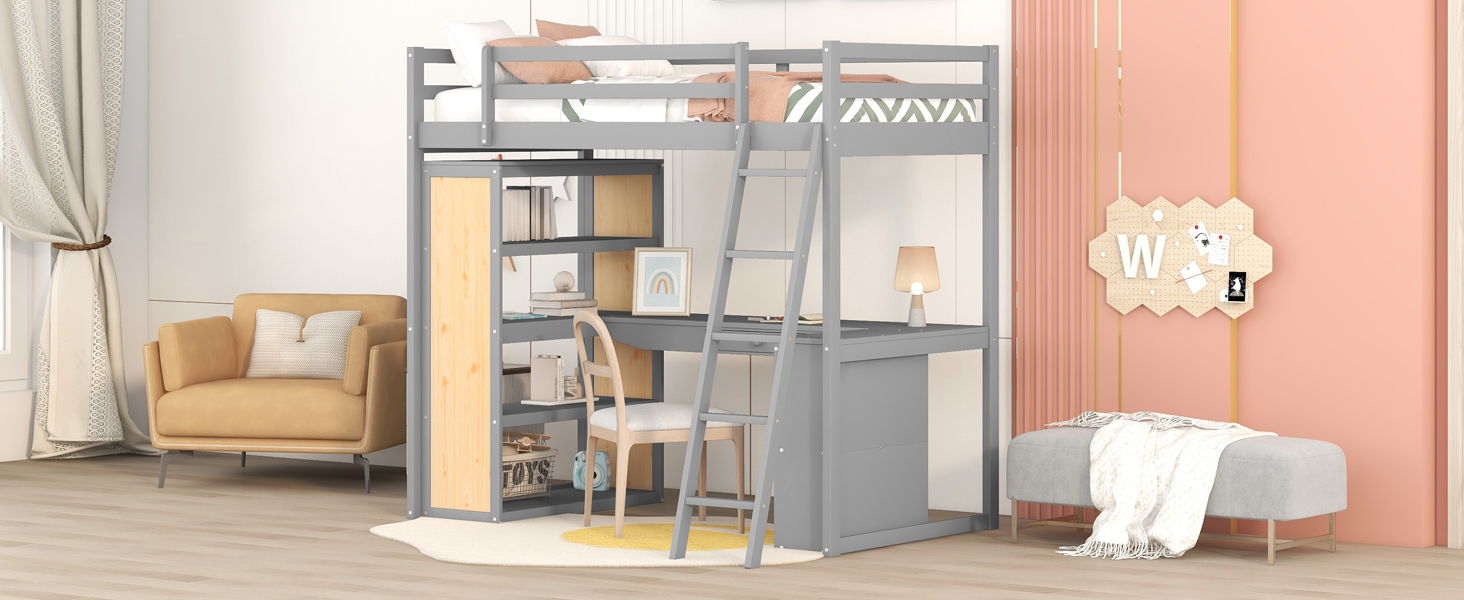 Loft Bed With Ladder, Shelves, And Desk