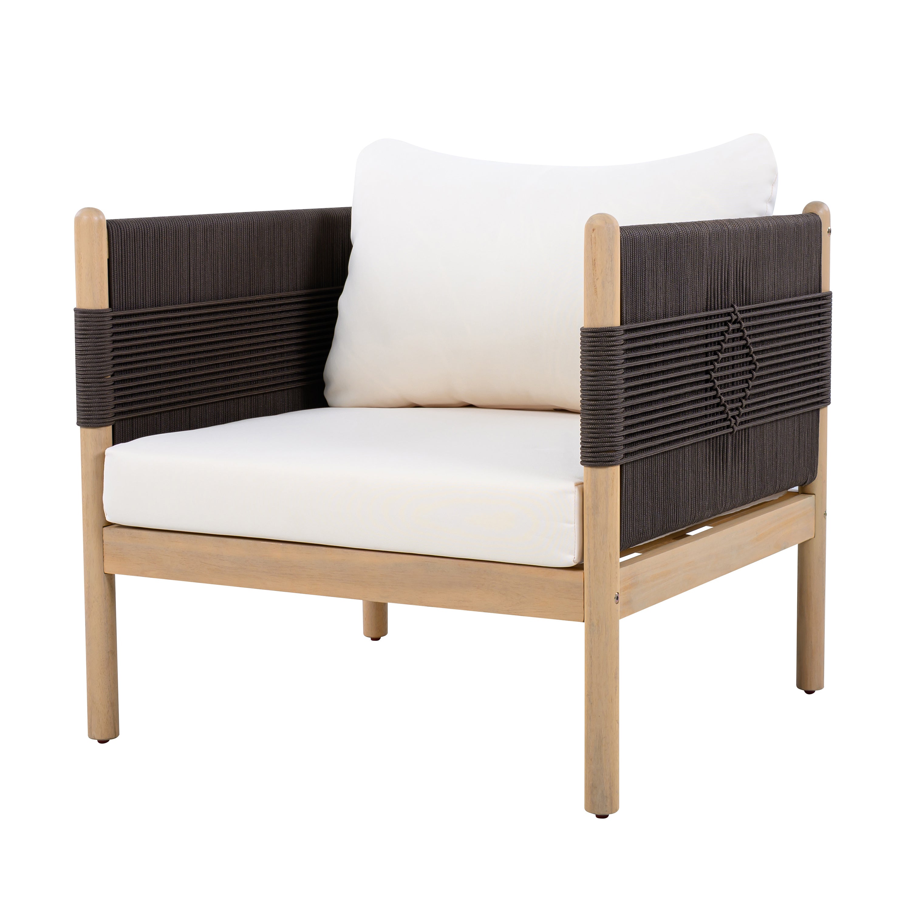 Outdoor Acacia Club Chairs (Set of 2) with Diamond-Pattern Black Rope, Light Teak Finish