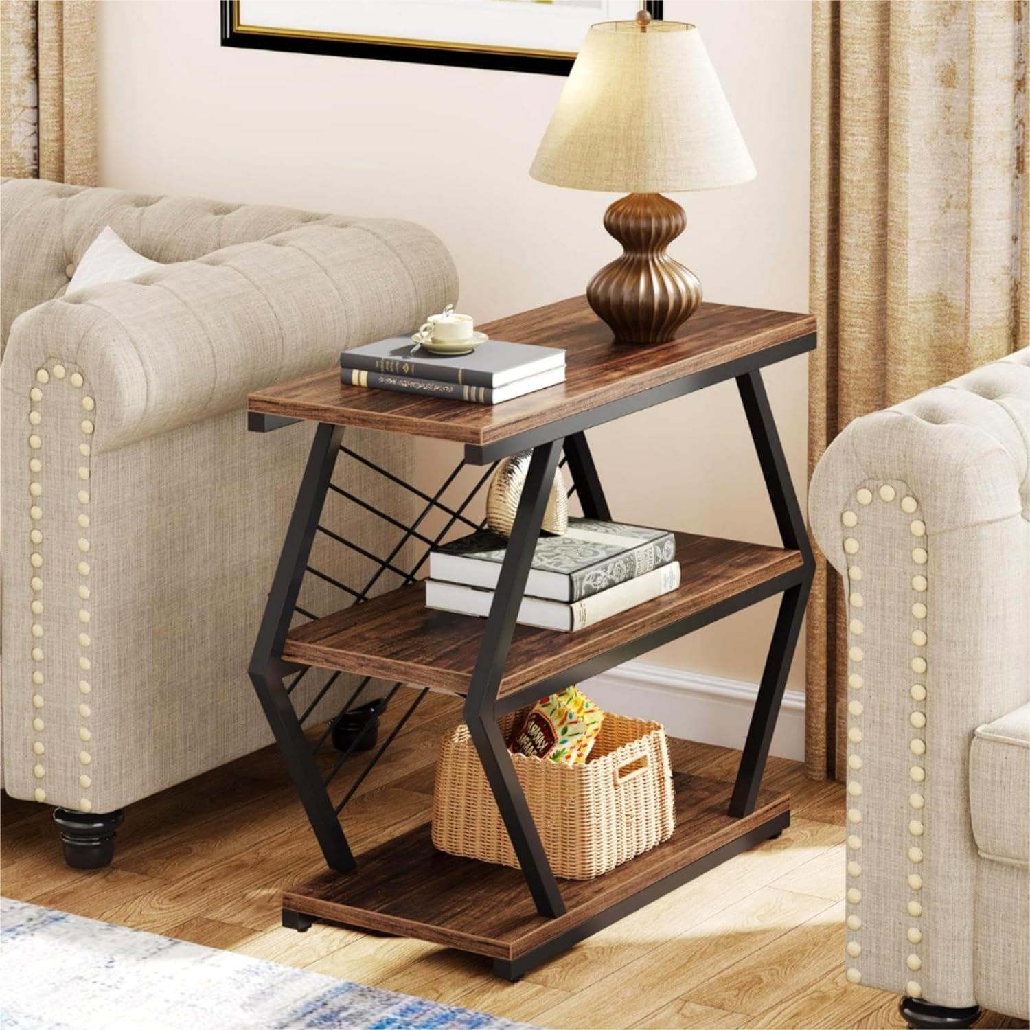 3 Tier End Table Frame With Geometric Design For Living Bedroom - Rustic Brown