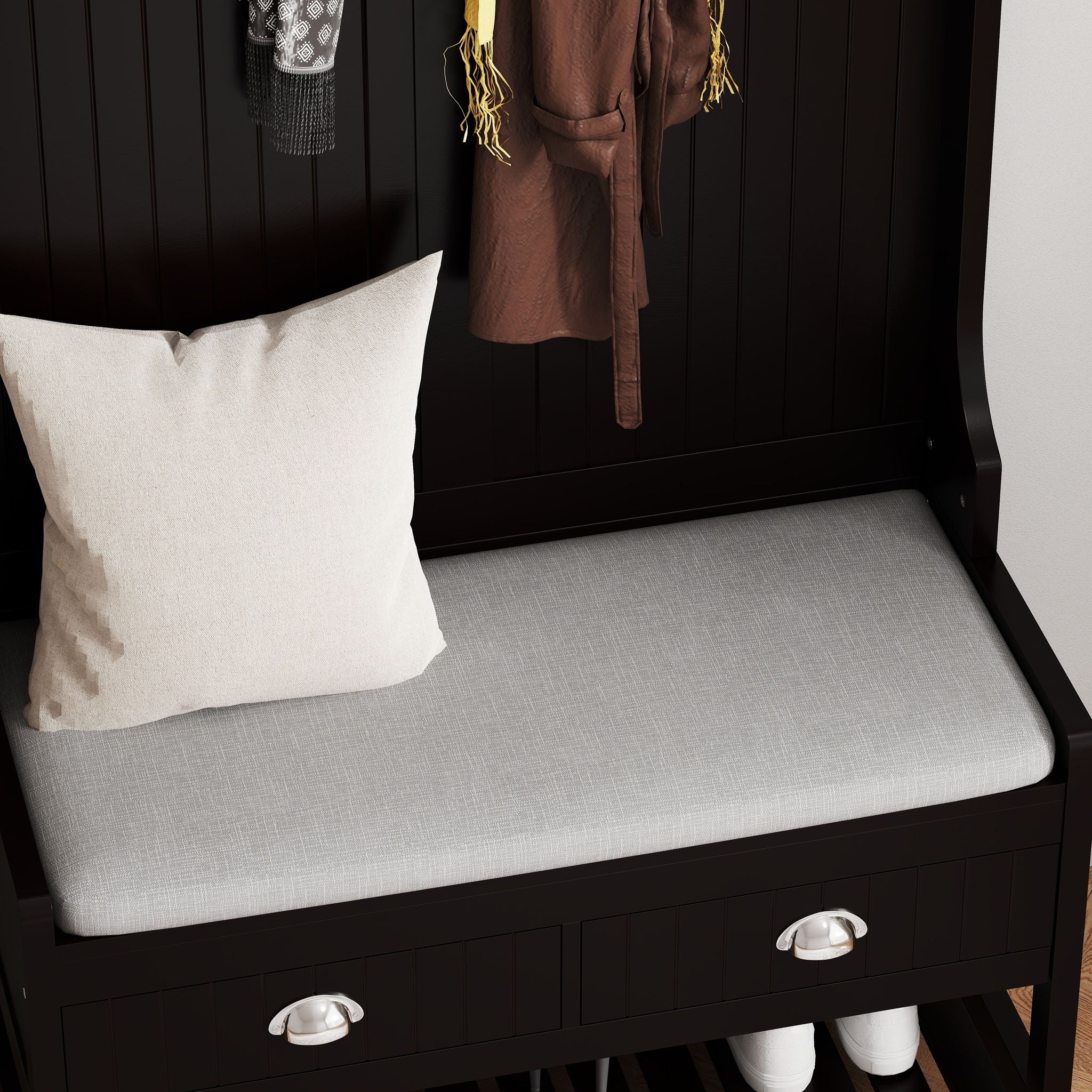 Modern 3 In 1 Hallway Hall Tree With Storage Drawers, Coat Rack, Shoe Rack Bench And Cushion
