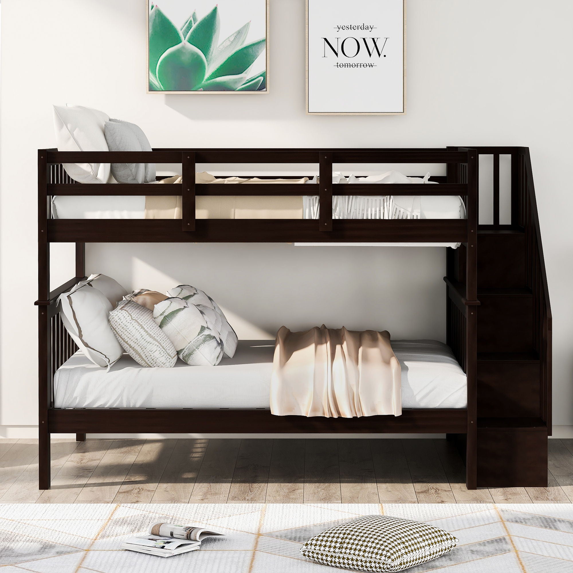 Stairway Bunk Bed With Storage And Guard Rail For Bedroom