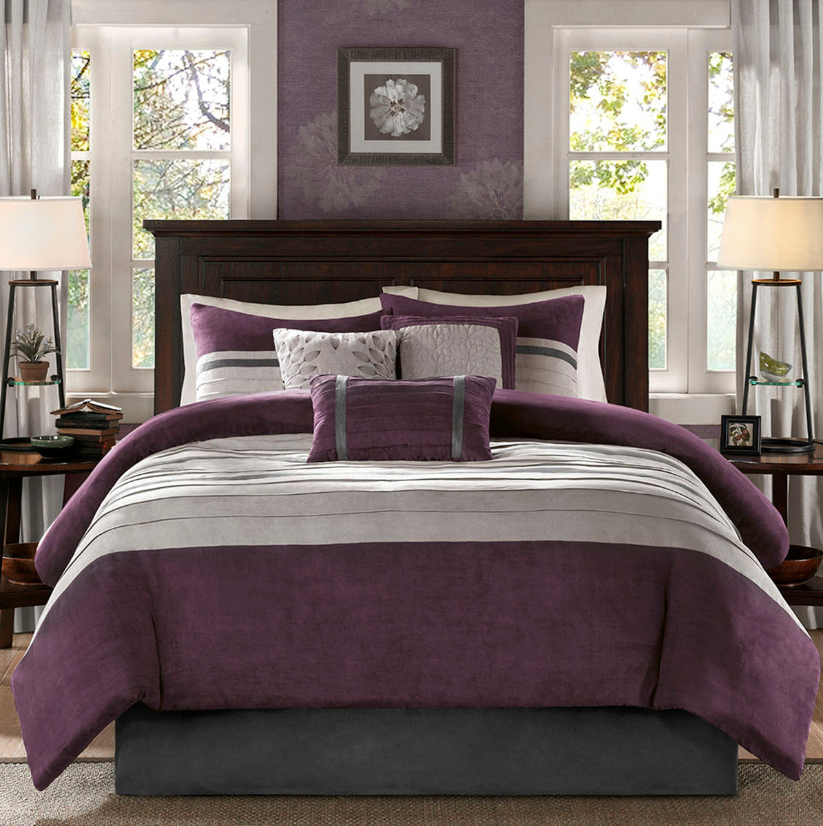7 PC Pieced Faux Suede Comforter Set Purple King