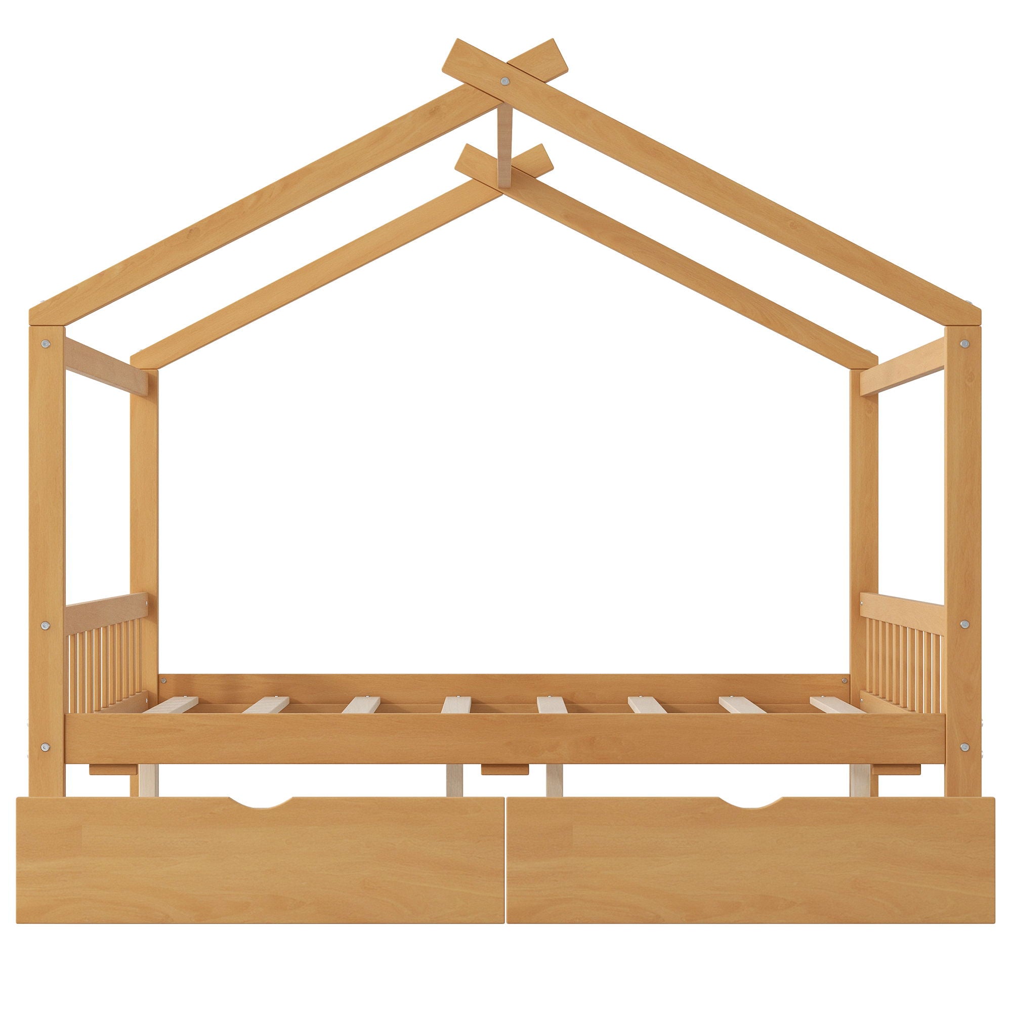 House Style Platform Bed With Headboard, Footboard, 2 Drawers, And Roof Design