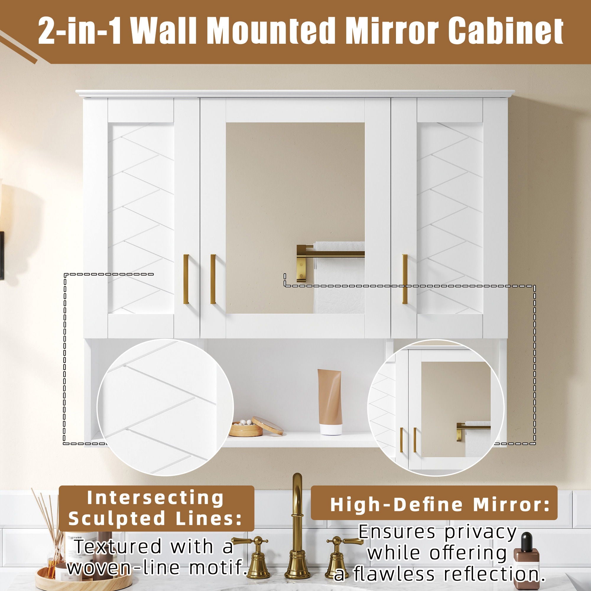 Modern Wall Mounted Medicine Cabinet With Adjustable Shelves, Soft Close Doors, High Define Mirror