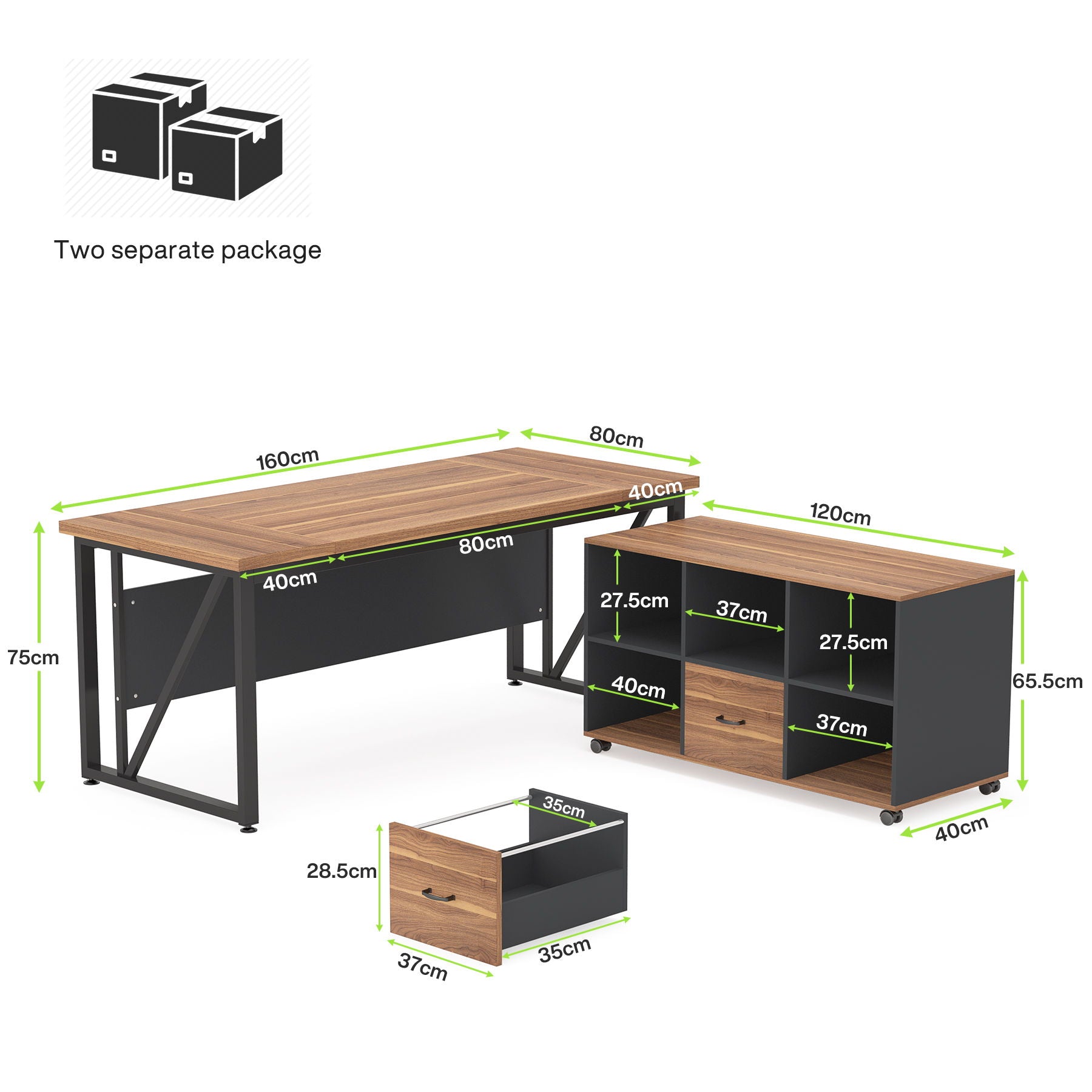 L-Shaped Executive Desk With Mobile File Cabinet, Large Home Office Workstation With Drawers And Shelves - Brown / Black
