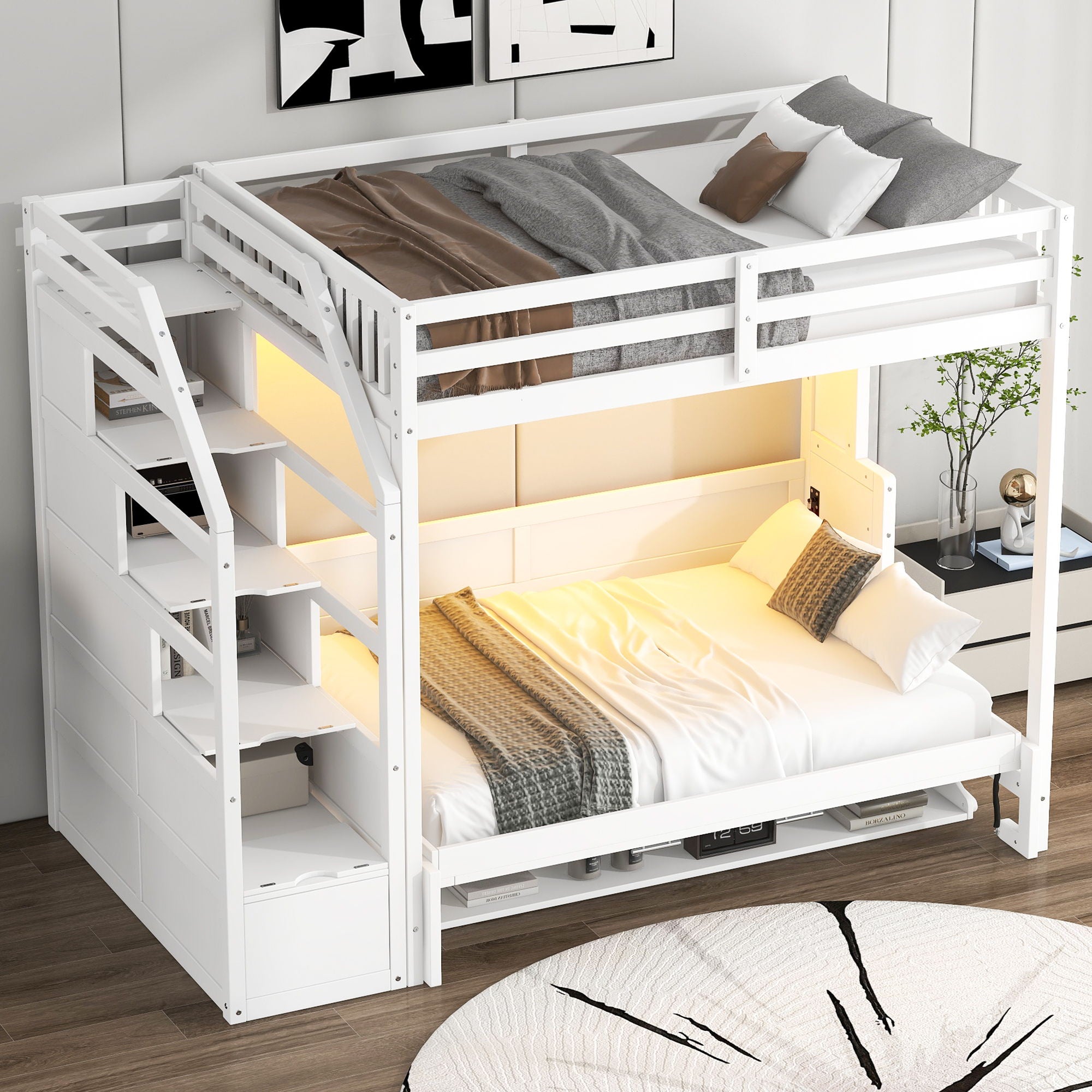 Full Long Loft Bed With Storage Staircase, Murphy Bed, LED Light - White