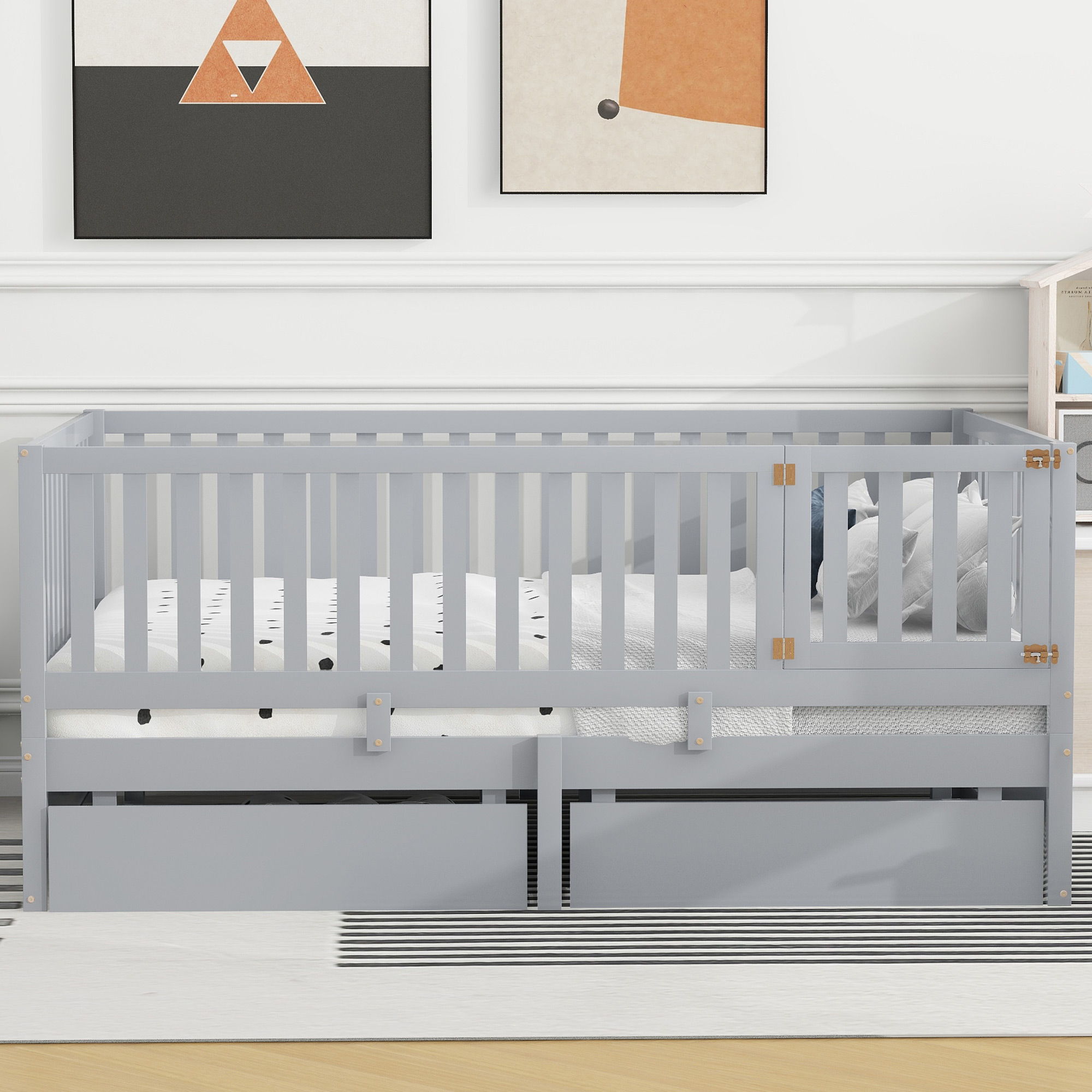 Daybed With Fence Guardrails And 2 Drawers, Split Into Independent Floor Bed & Daybed