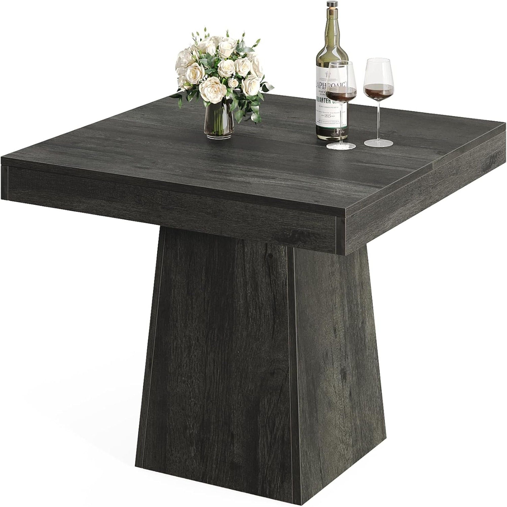 Square Dining Table For 4 With Thick Grain Top And Sturdy Pedestal Base - Gray