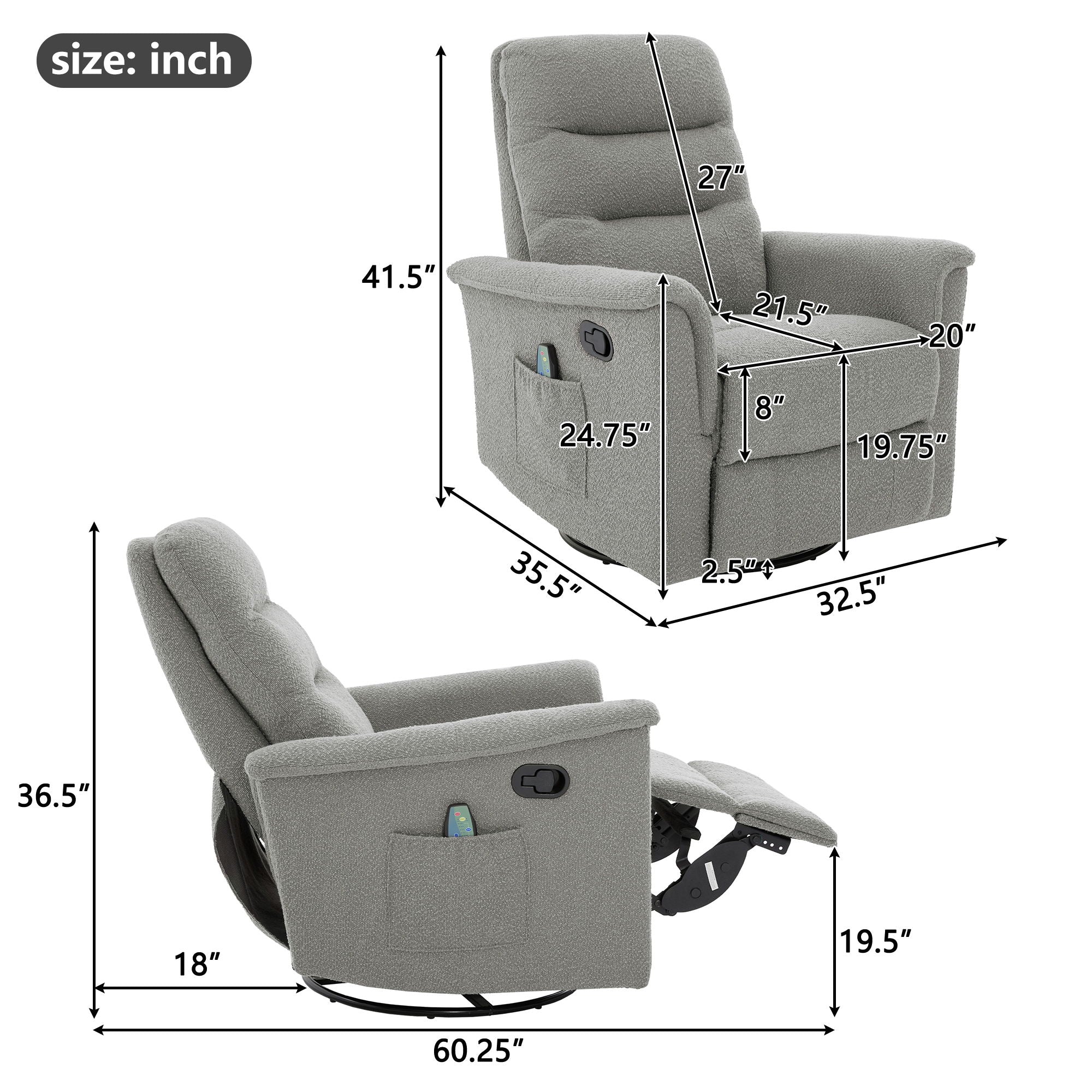Manual Recliner Chair With 8 Point Massage And Swivel Function