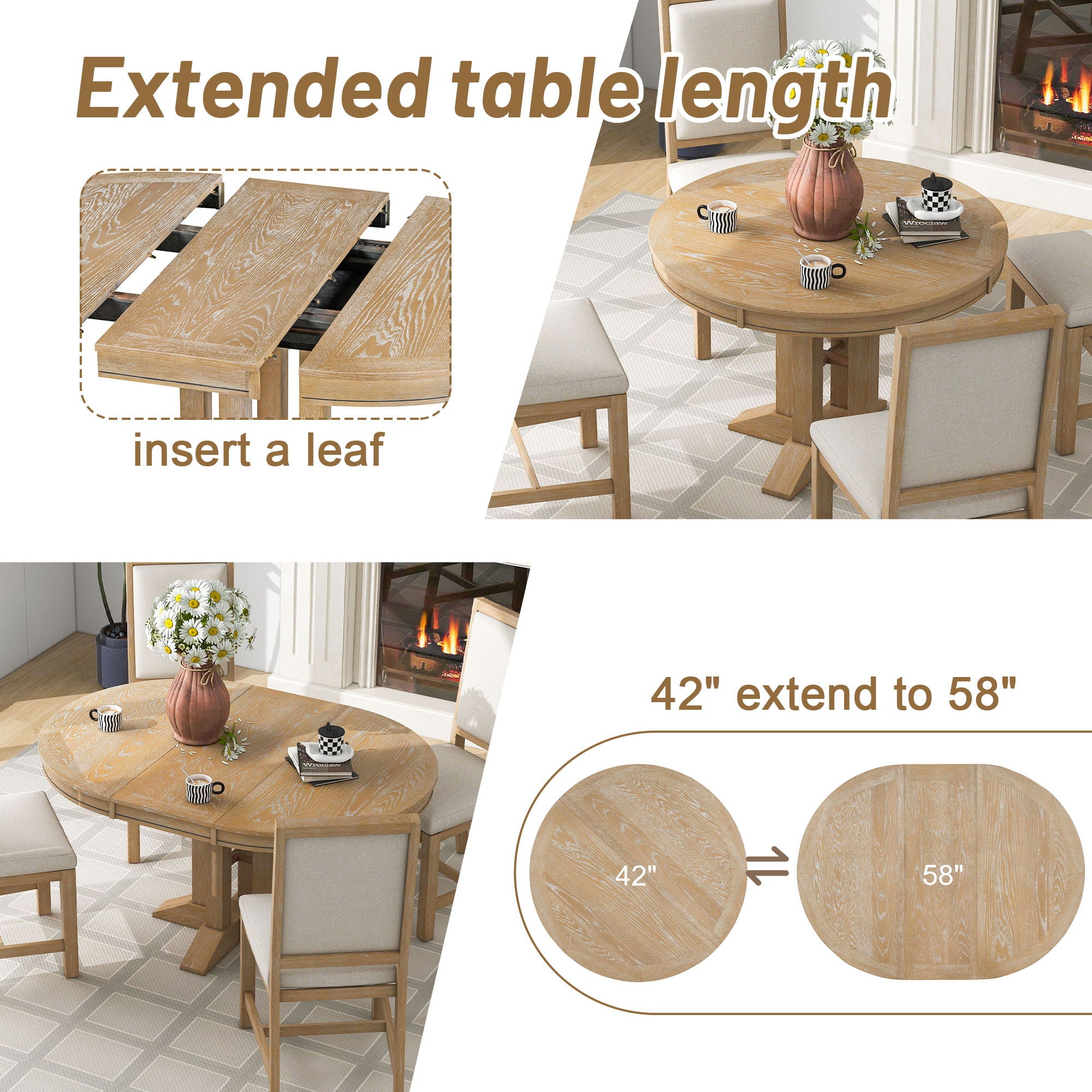 5 Piece Dining Set With Extendable Round Table And Upholstered Chairs