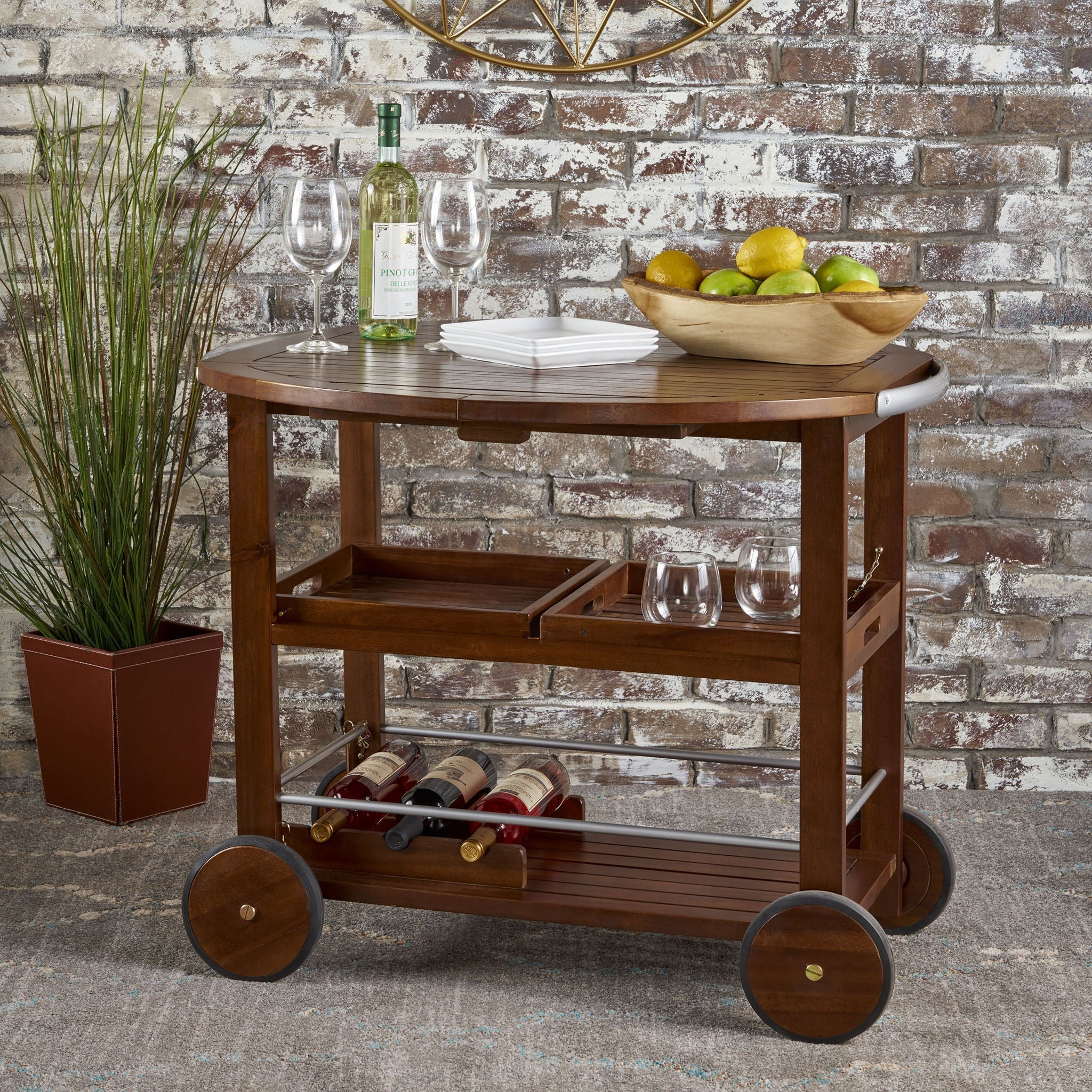 Wood And Aluminum Bar Cart With 2 Shelves - Oak / Silver