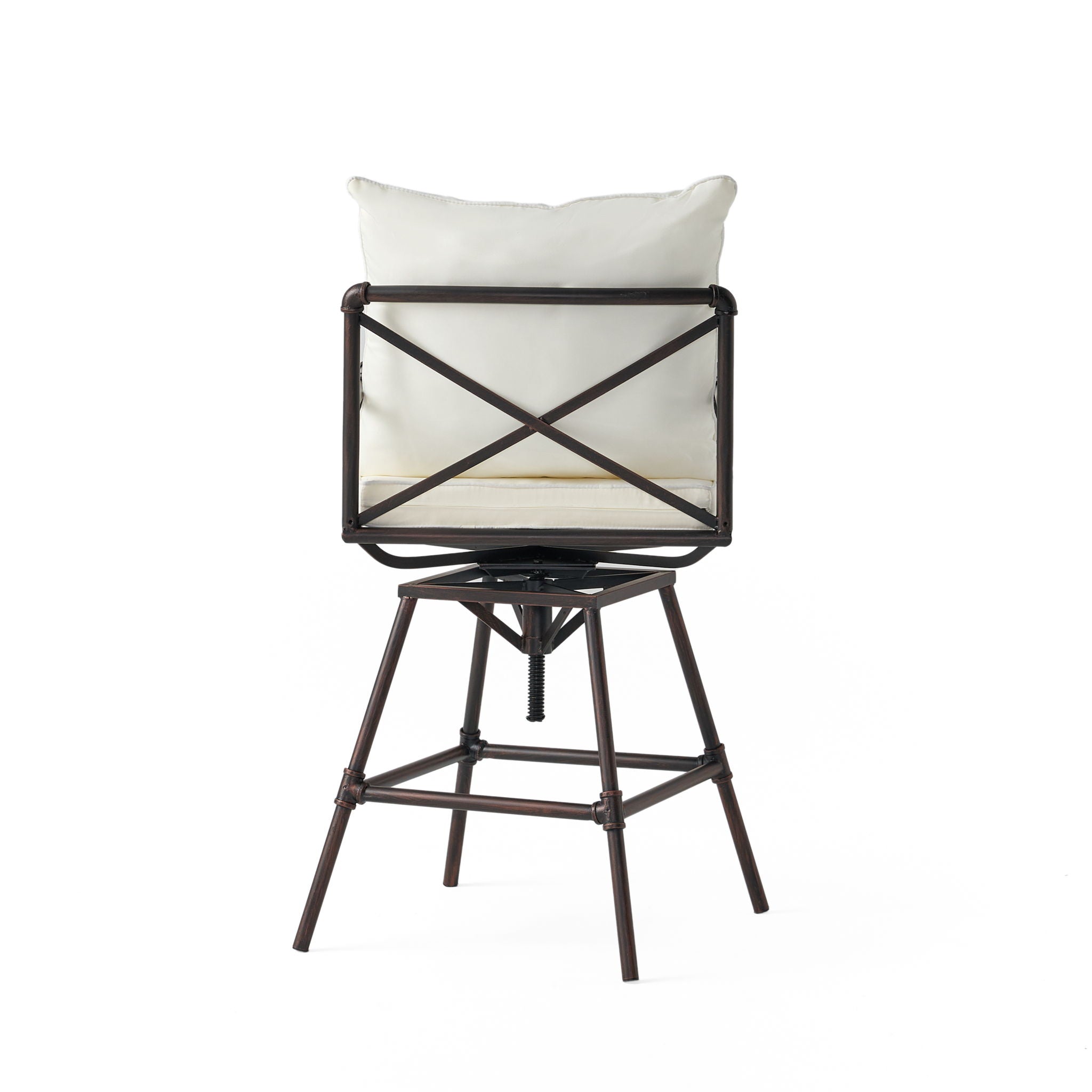 Industrial Outdoor Patio Plumber's Iron Frame Swivel Barstool With Cushions, Height Adjustable