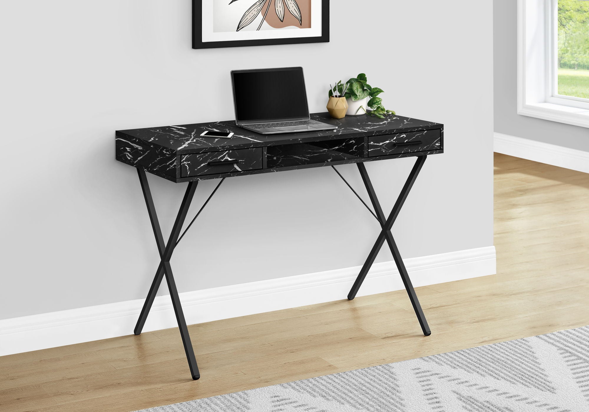 Computer Desk, Home Office, Laptop, Left, Right Set-Up, Storage Drawers, Work, Marble Look Laminate, Contemporary, Modern - Black - Best Buy Furniture