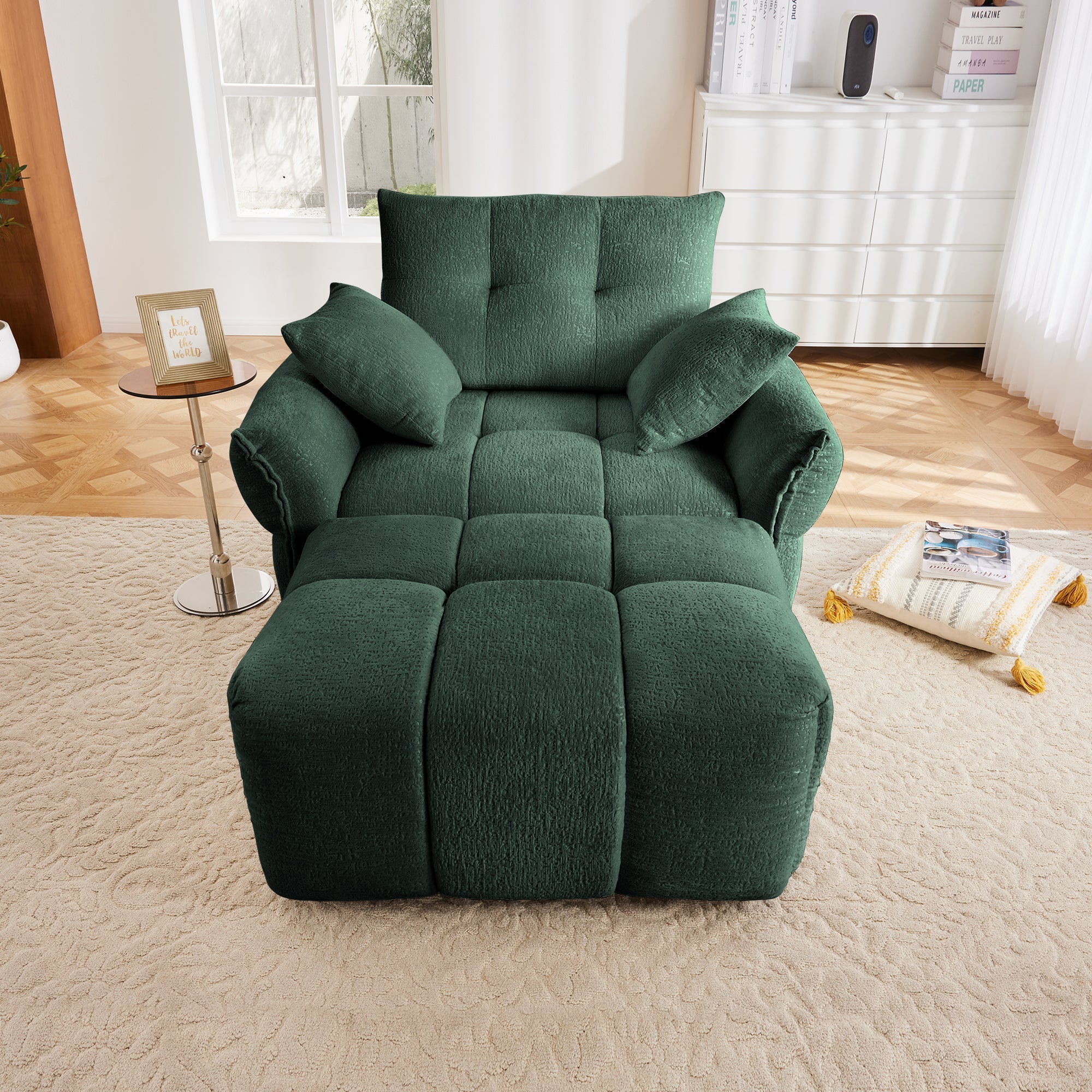 Ergonomic Single Seater Sofa with Ottoman in High-Green Chenille