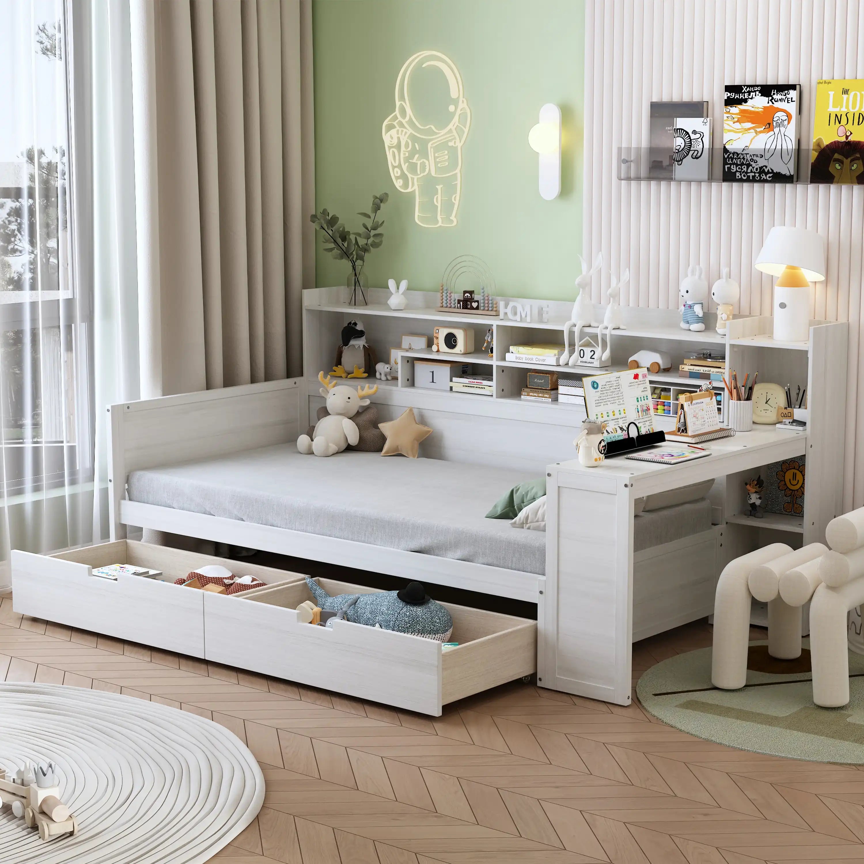 Wooden Twin Size Daybed with Storage Shelves, Multi-functional Bed with Two Storage Drawers and  Study Desk, Antique White
