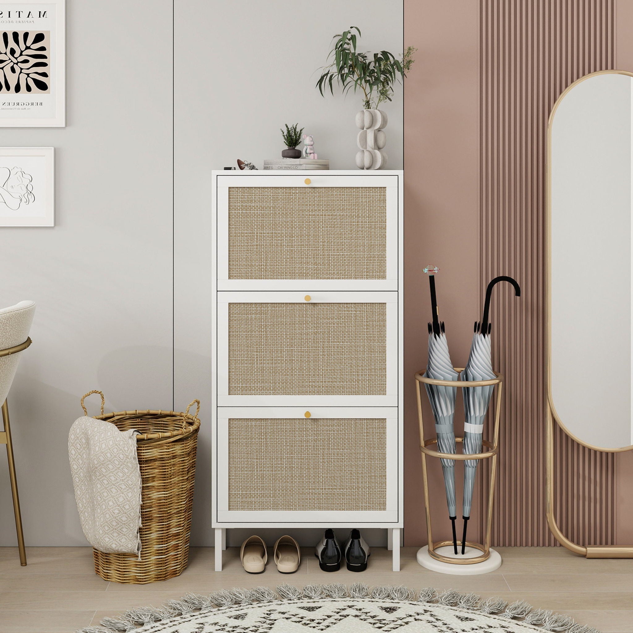 Modern Rattan 3 Door Shoe Rack Cabinet for Entryway