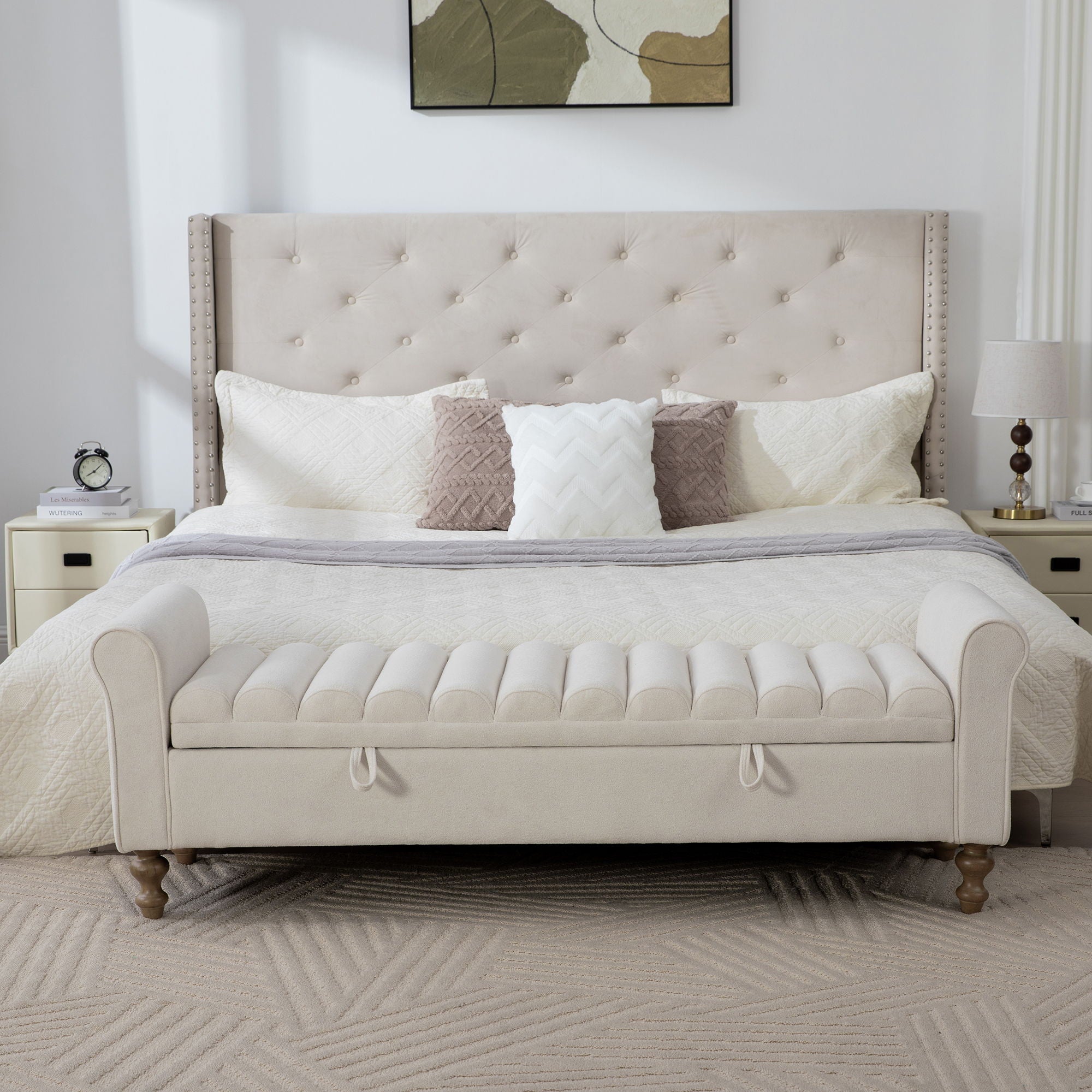 Wide Modern Upholstered Storage Bench With Rolled Armrest