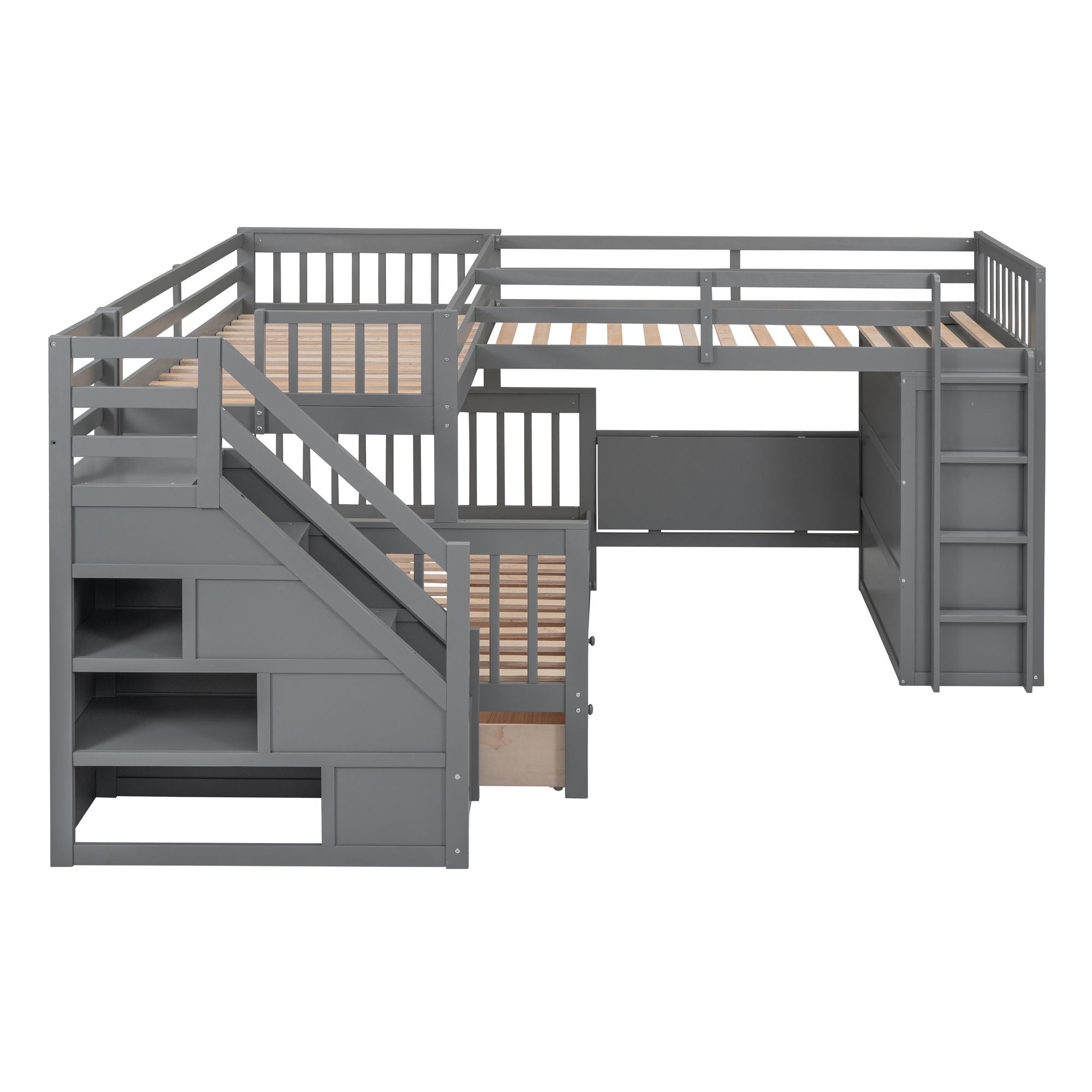 L Shaped Bunk Bed With 3 Drawers, Portable Desk And Wardrobe