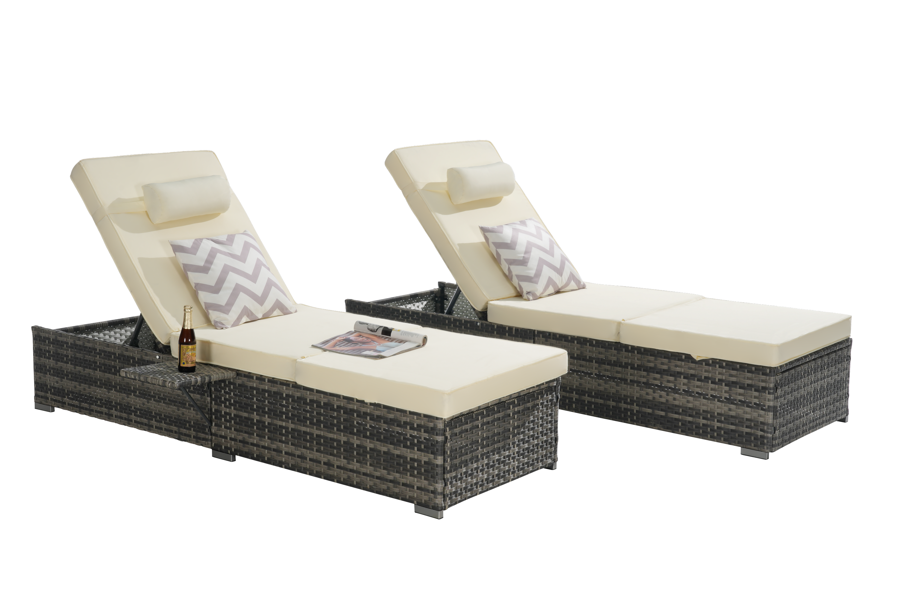 Outdoor Chaise Lounge Chair Set of 2 with Storage Patio Pool Chairs Tanning Lounges for Outside,Beach Rattan Recliners with Adjustable Backrest, Table, Cushion for Poolside Backyard Garden