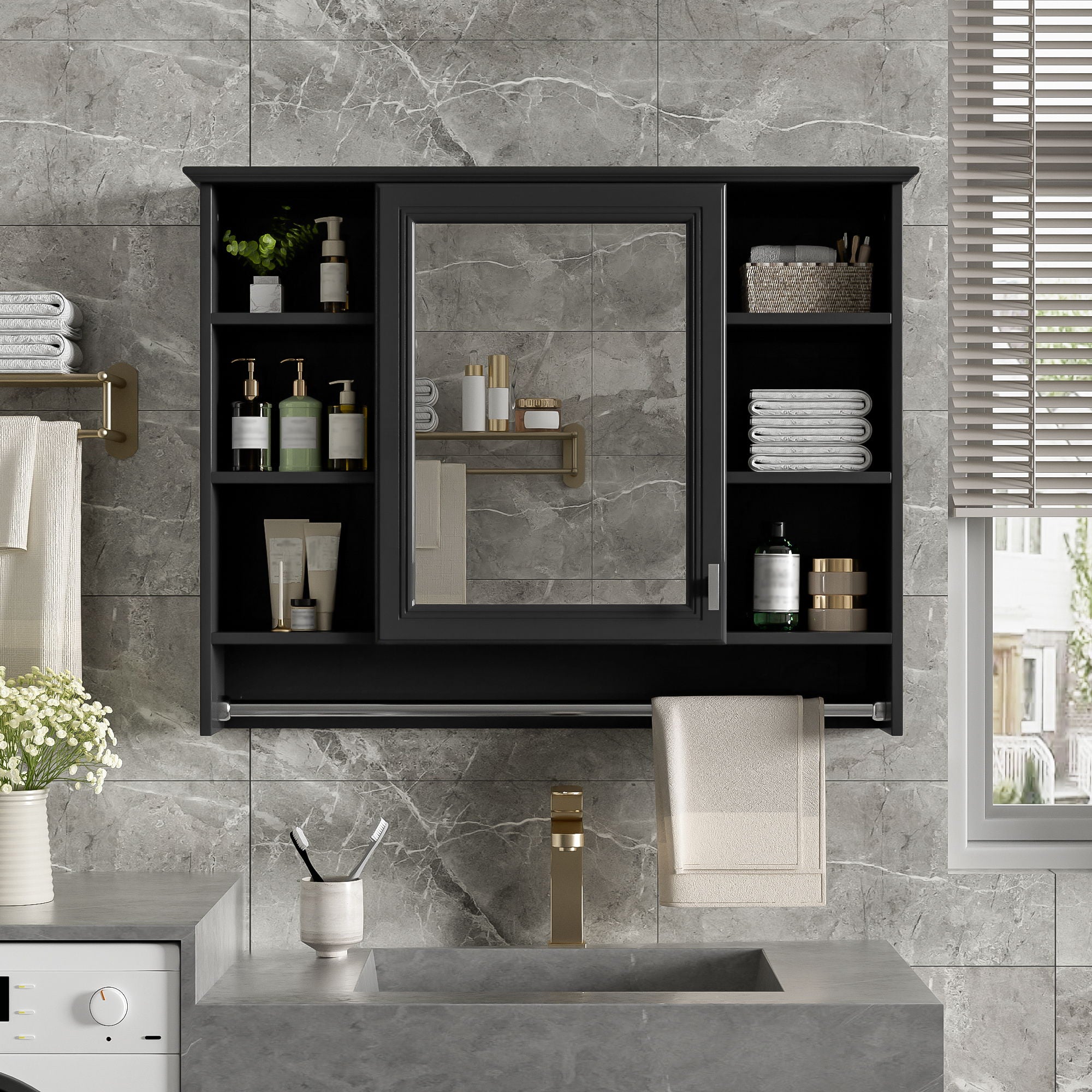 Modern Wall Mounted Mirror Cabinet With Adjustable Shelf, Soft Close Door, And Towel Bar