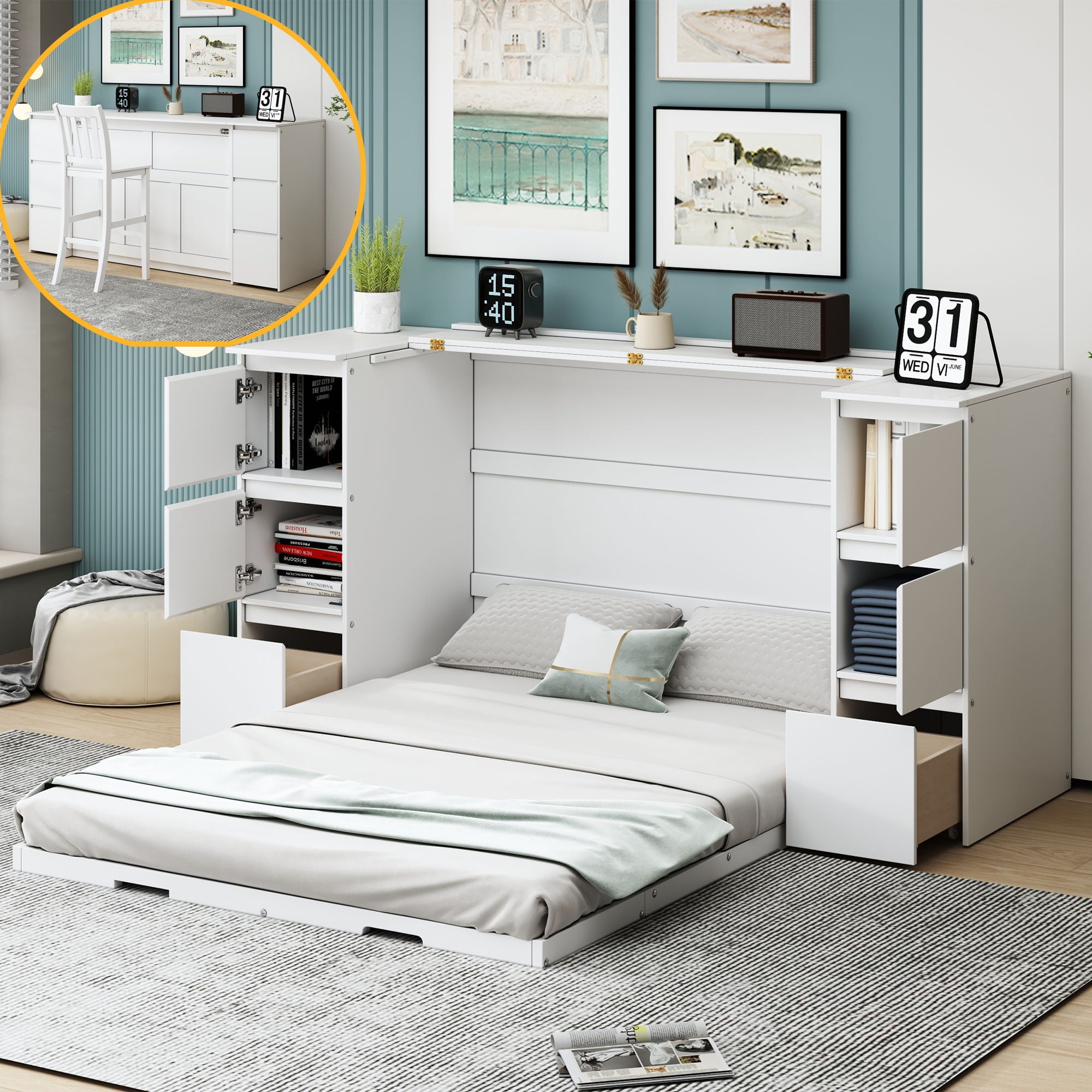 Murphy Bed With Drawers, Cabinets, And USB Ports
