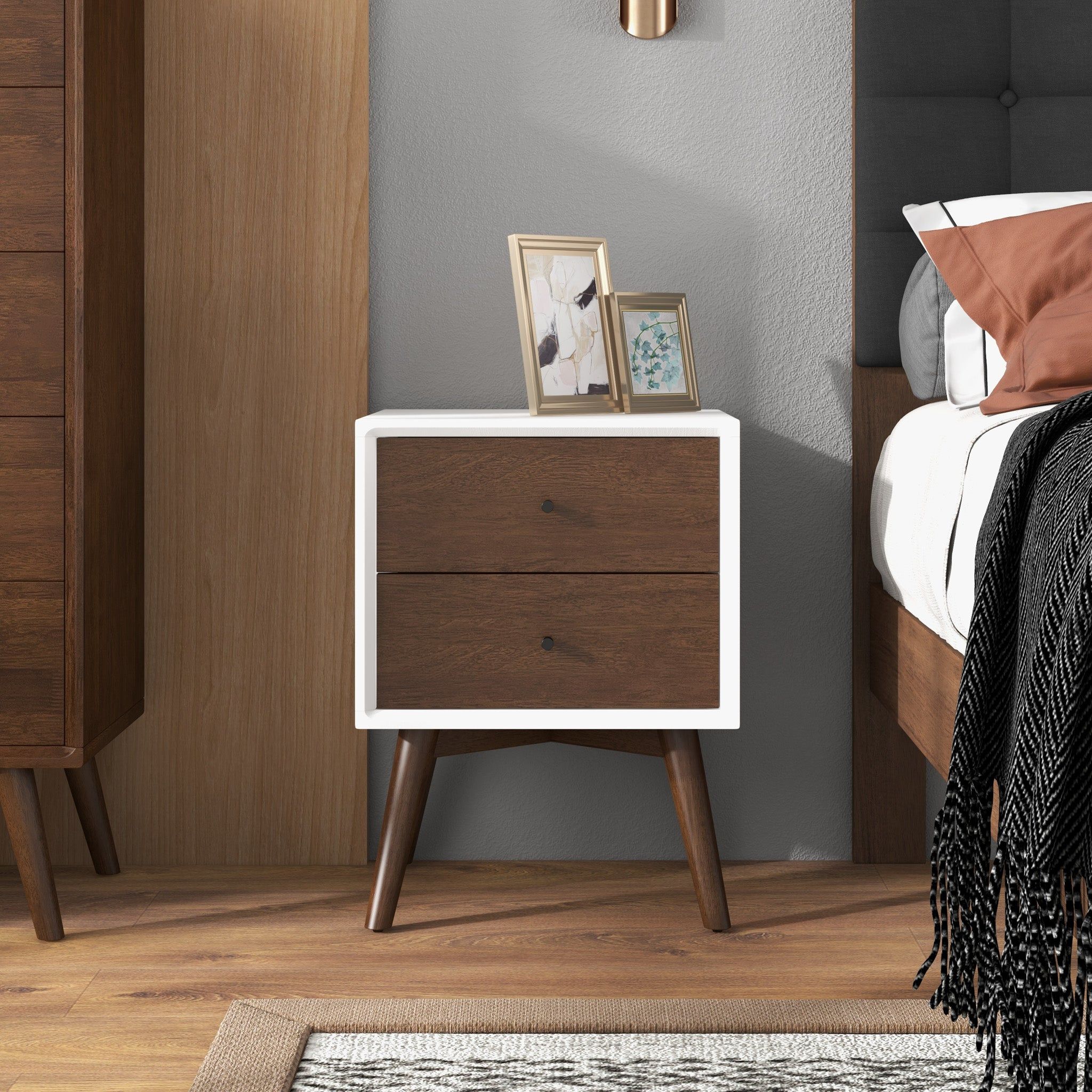 Caroline - Mid-Century Modern Style White Night Stand 2 Drawer