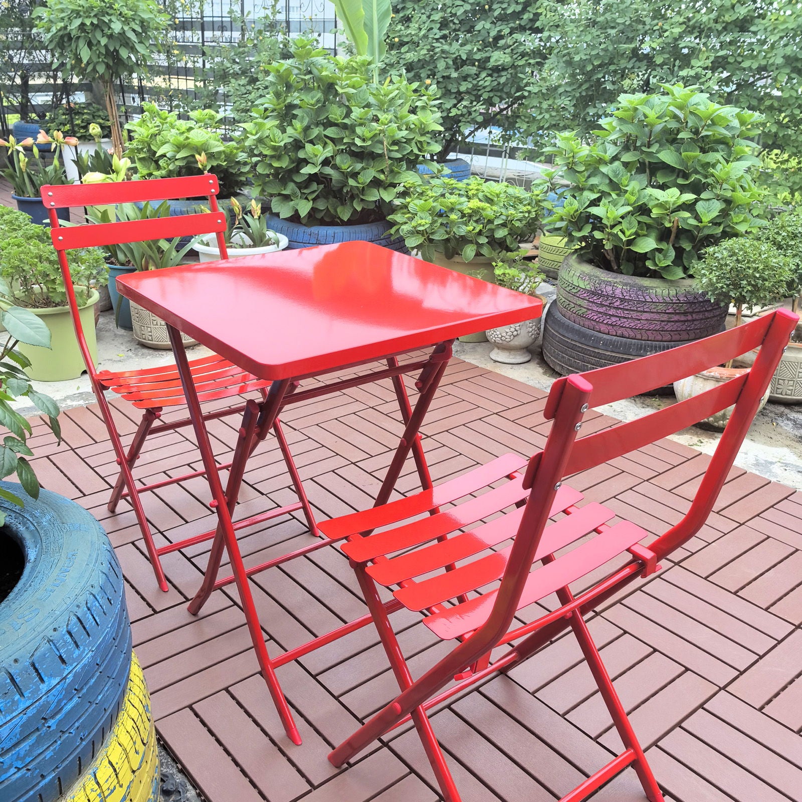 3 Piece Patio Bistro Set Of Foldable Square Table And Chairs