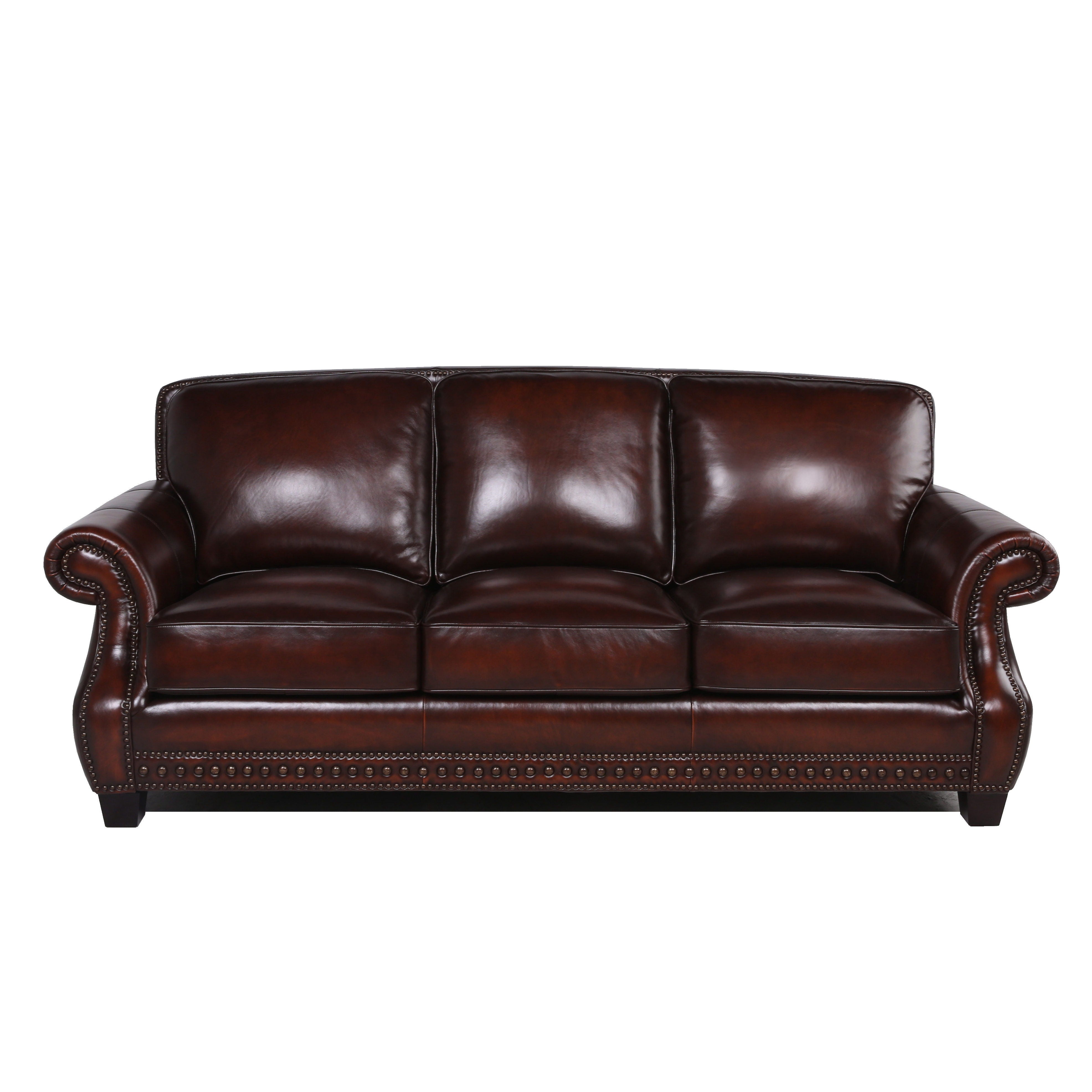Traditional Roll Arm Nailhead Leather Sofa - Brown - Best Buy Furniture