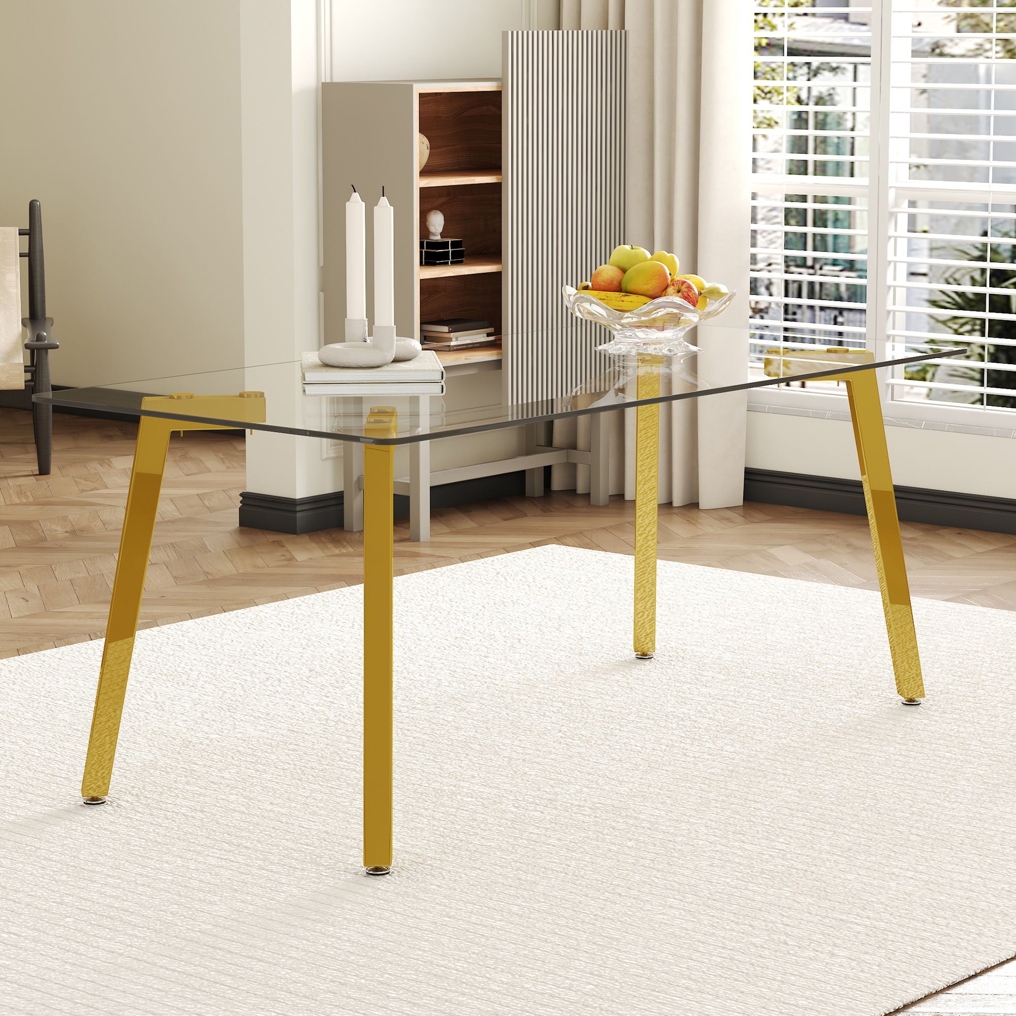 Minimalist Rectangular Dining Table With Transparent Glass Top And Metal Legs