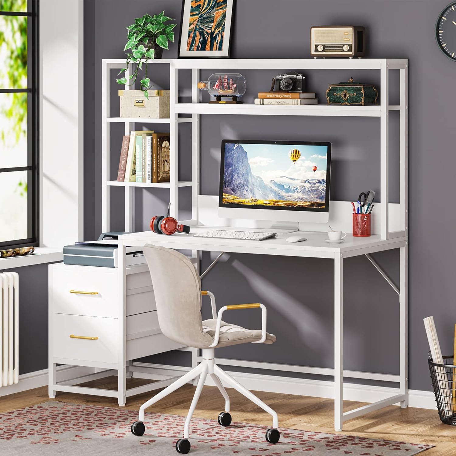 Computer Desk With Hutch, 2 Drawers & Open Shelves