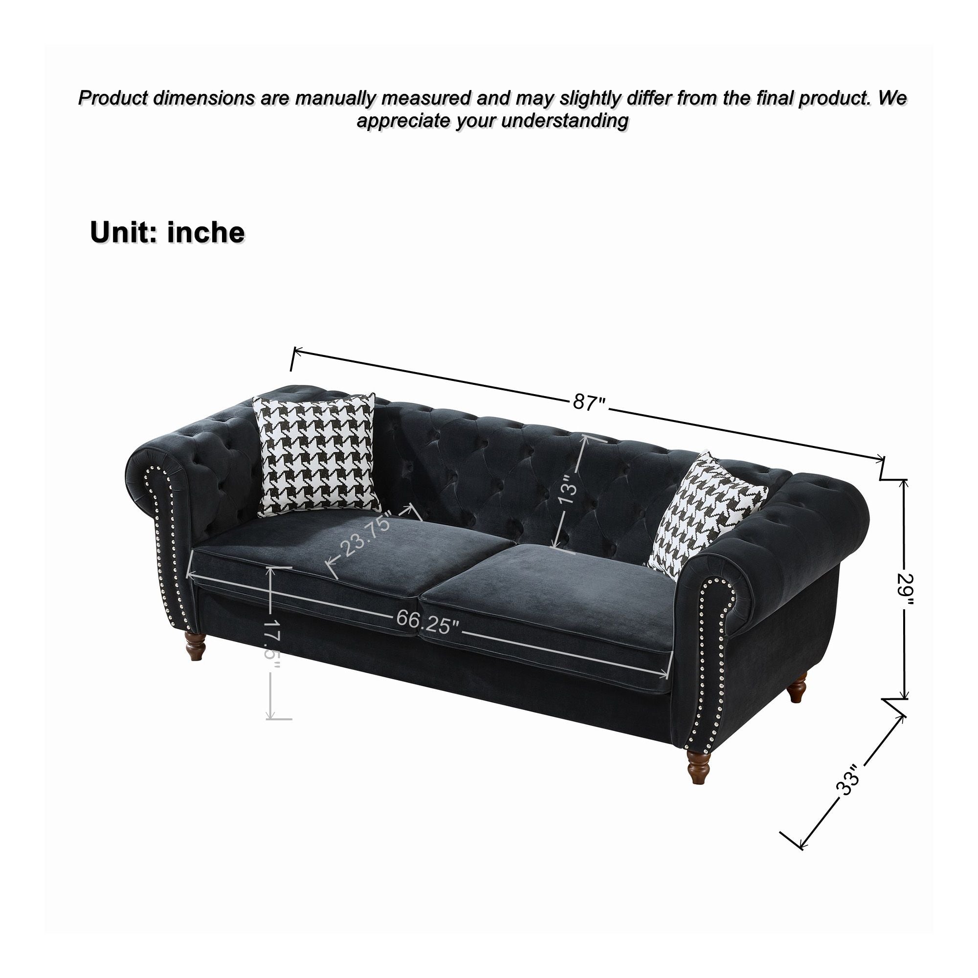 Chesterfield Velvet Upholstery Fabric Sofa With Roll Armrest & Nailhead, Mid Century Modern 3 And 3 Seater Couch