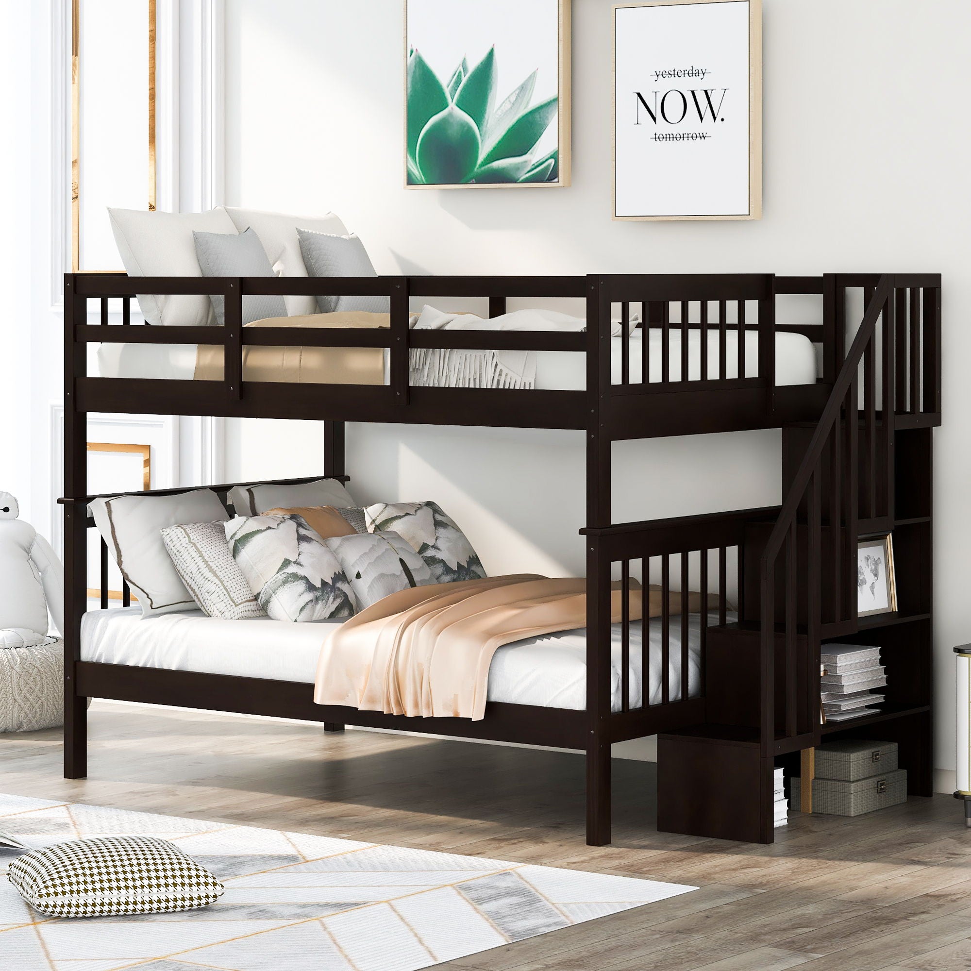 Stairway Bunk Bed With Storage And Guard Rail For Bedroom
