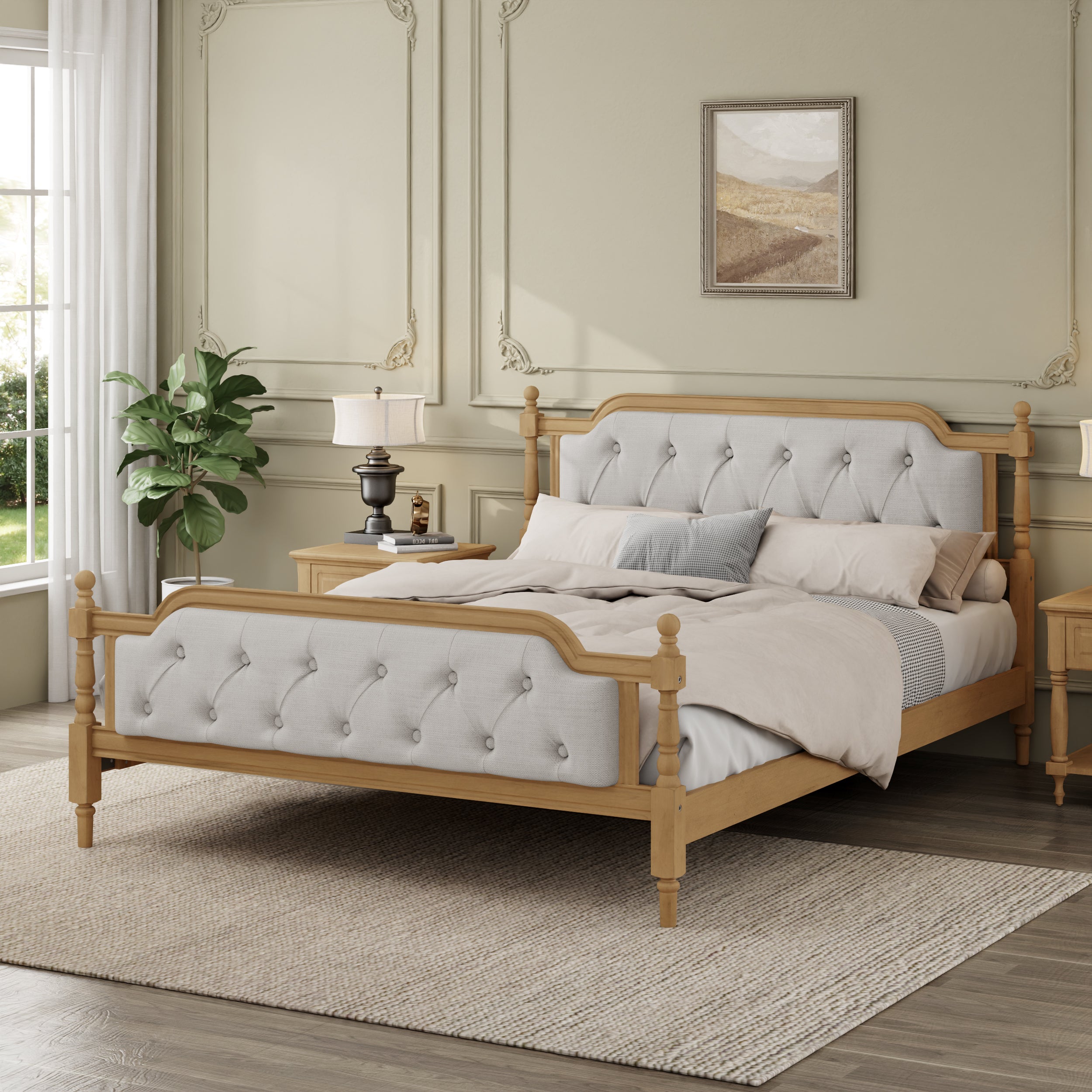 Traditional Style Solid Wood Bed Frame with Upholstered Tufted Headboard,No Box Spring Needed,Queen Size, Antique Walnut