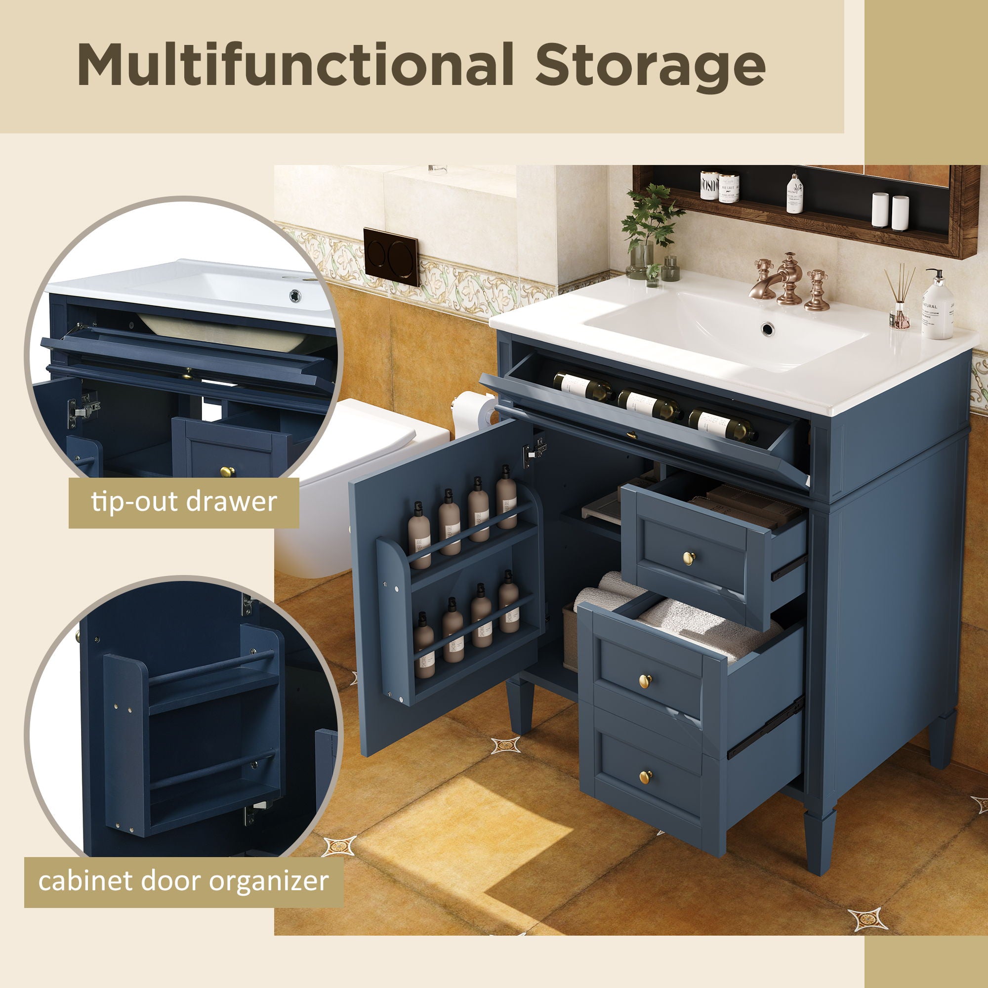 Bathroom Vanity With Top Sink, 2 Drawers & Tip Out Drawer