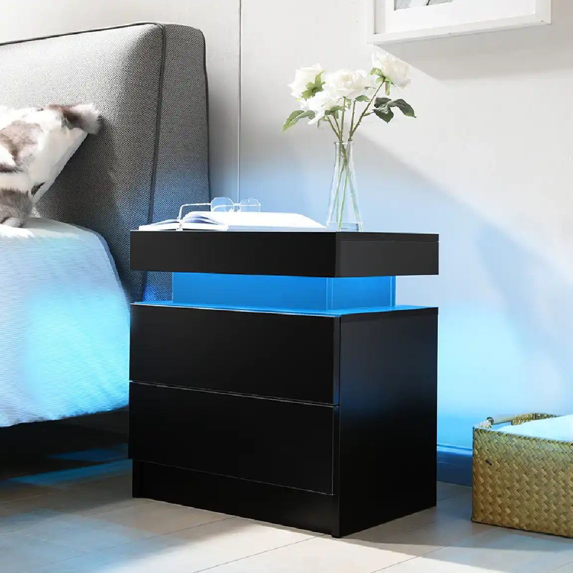Nightstand LED Bedside Table Cabinet Lights Modern End Side with 2 Drawers for Bedroom (Black)