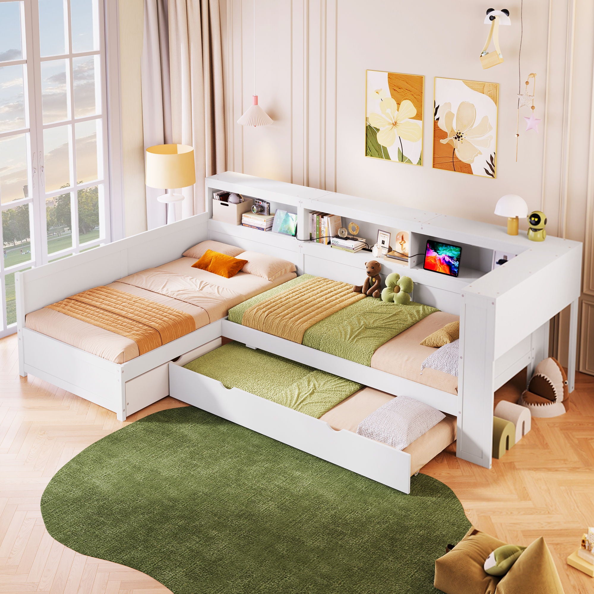 L Shaped Platform Bed With Trundle And Drawer