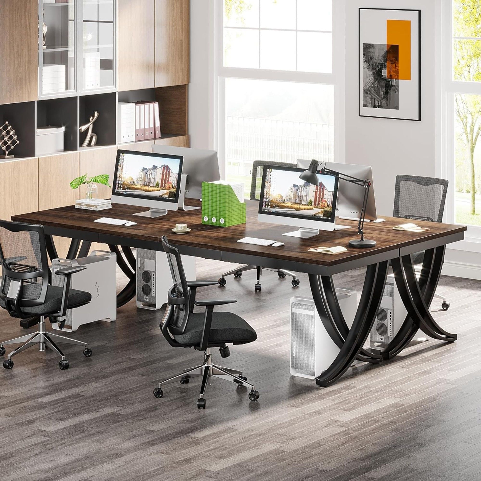 2 Person Desk With X Legs, Extra Long Office Workstation - Brown / Black