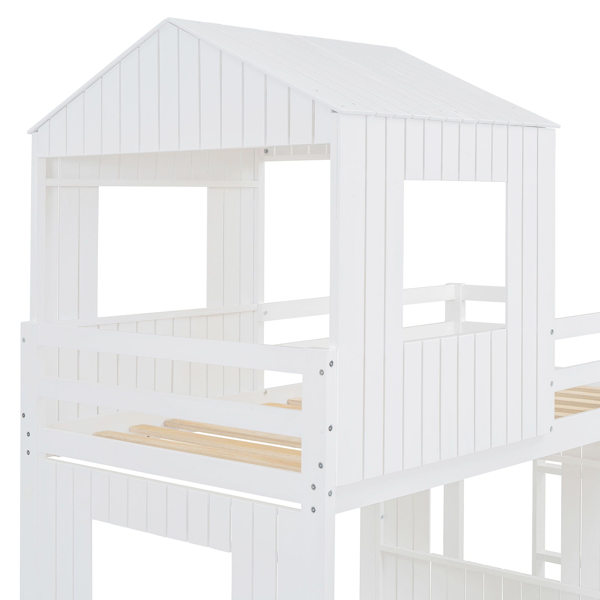 Loft Bunk Bed With Playhouse, Farmhouse, Ladder, Slide And Guardrails