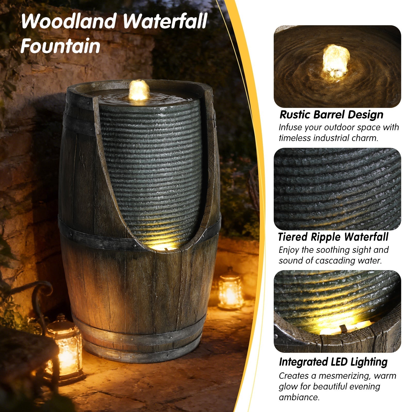 Wooden Barrel Style Outdoor Water Fountain with Lights