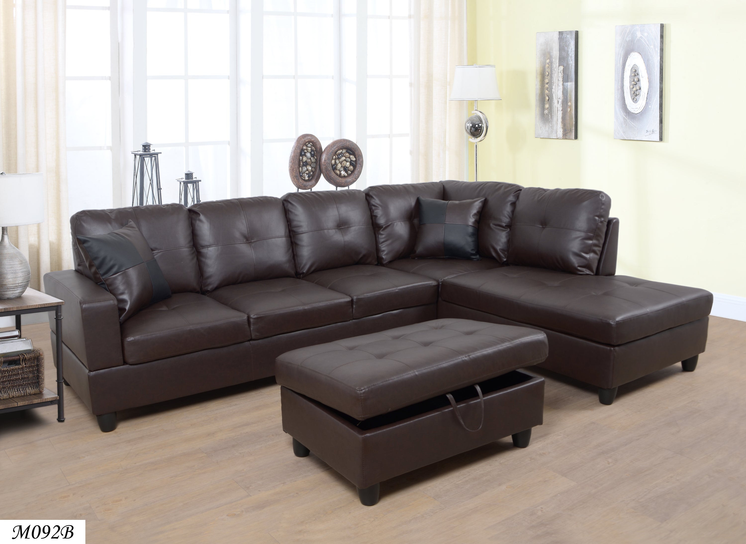 3 Pc Sectional Sofa Set Brown Faux Leather Left-Facing Chaise