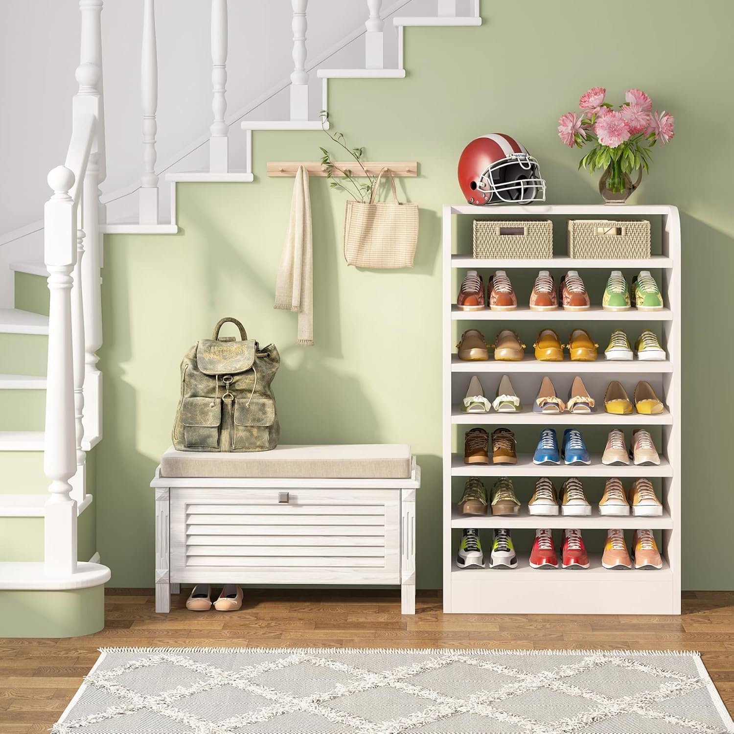 8 Tier Tall Shoe Rack, Wooden Shoe Storage Cabinet, Entryway Organizer - White