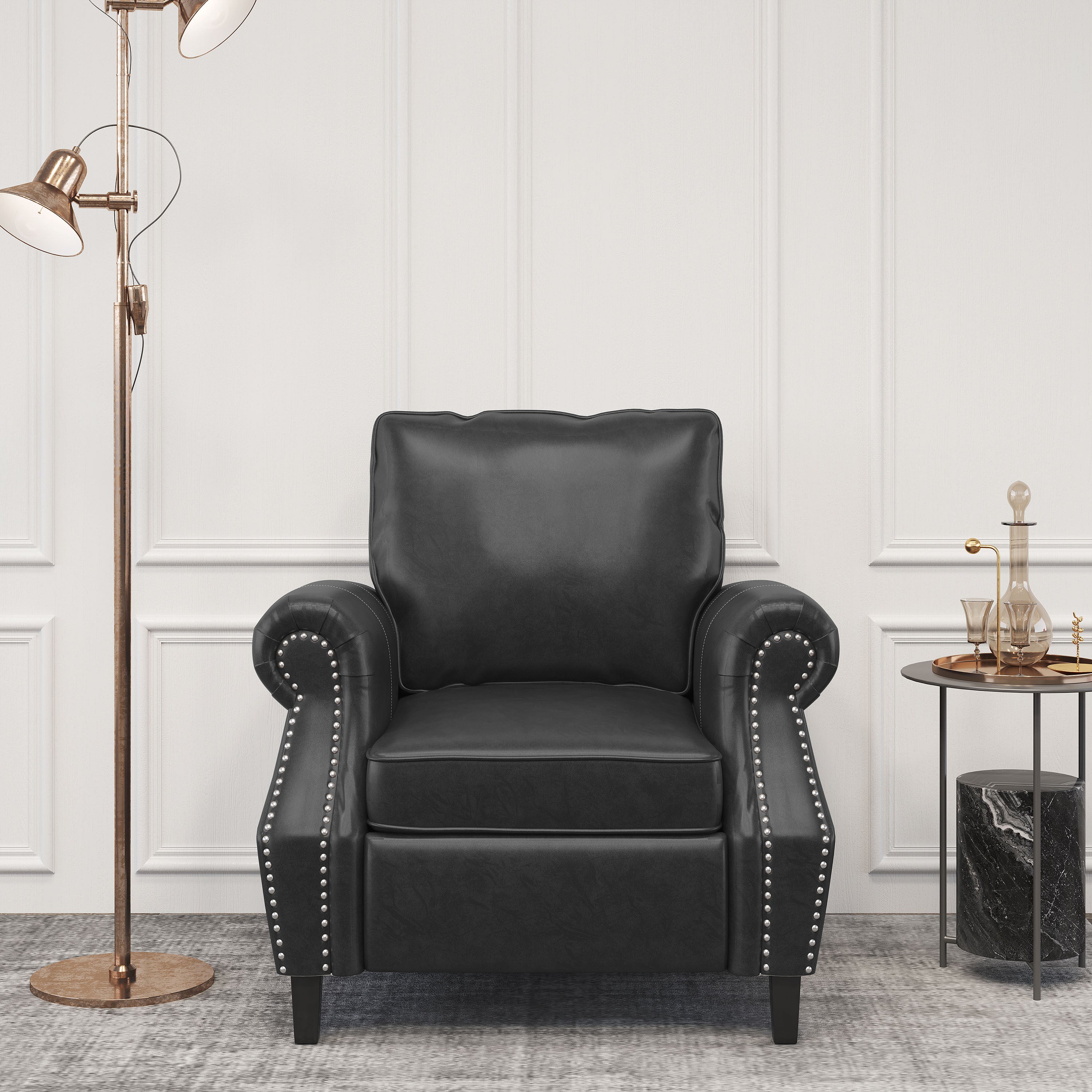 Contemporary Black PU Club Chair with Nailhead Trim and Rolled Armrests