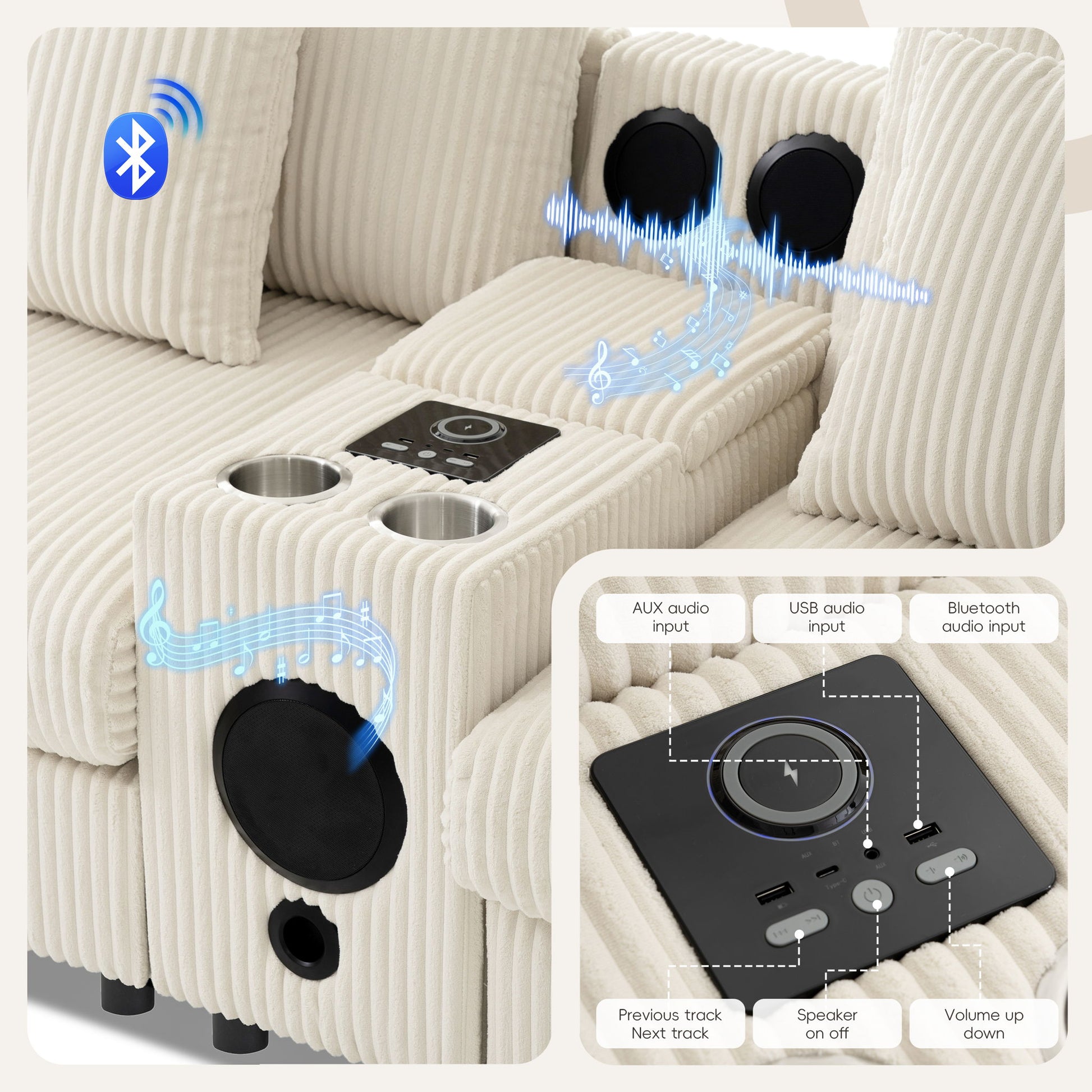 Sectional With Bluetooth Speakers L Shaped Couch With Console USB Charger, Cup Holders Storage Ottoman Deep And Wide Seat Cloud Sofa - Best Buy Furniture