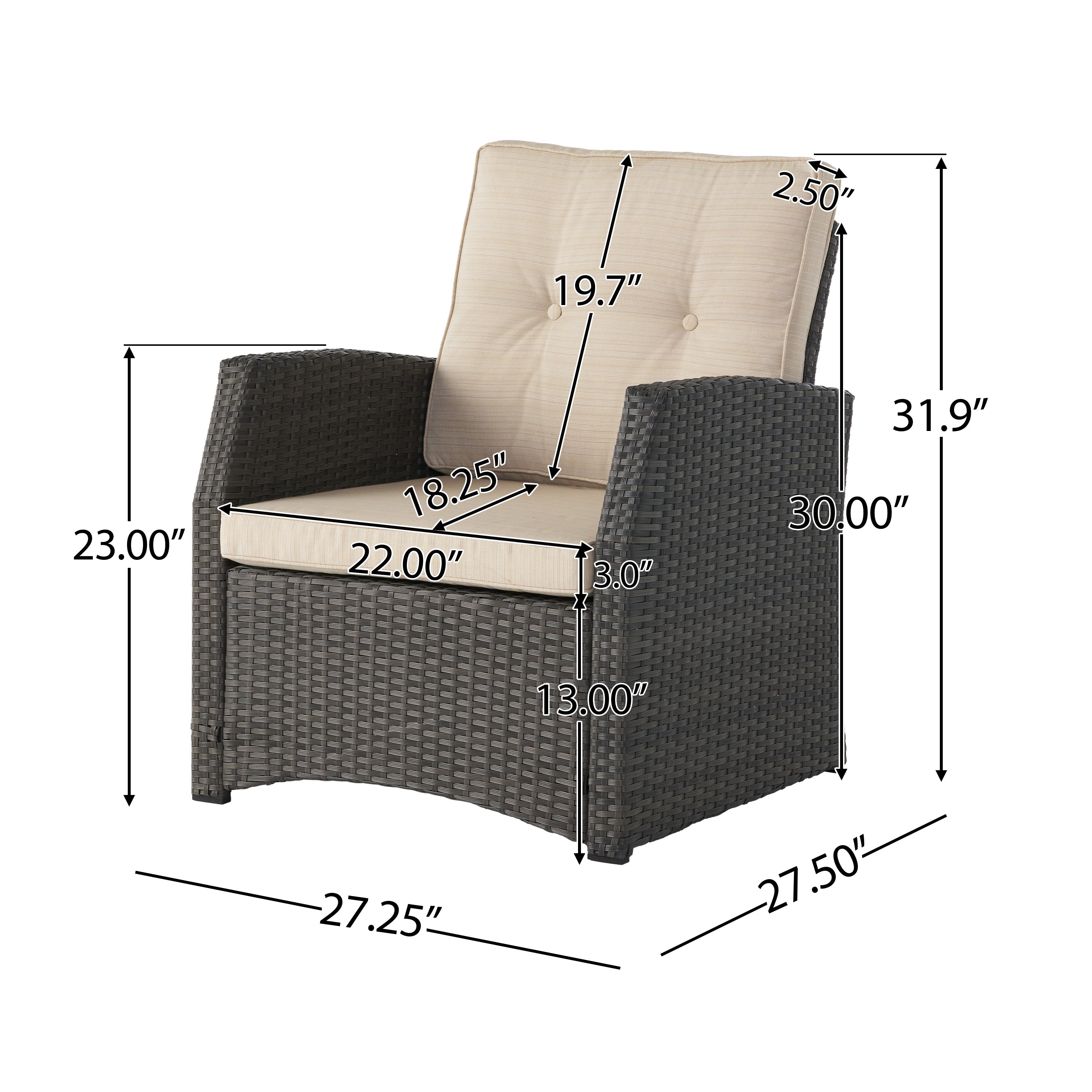 ST MARTA Single Sofa Outdoor Relaxation Seat Grey PE Rattan Waterproof Fabric