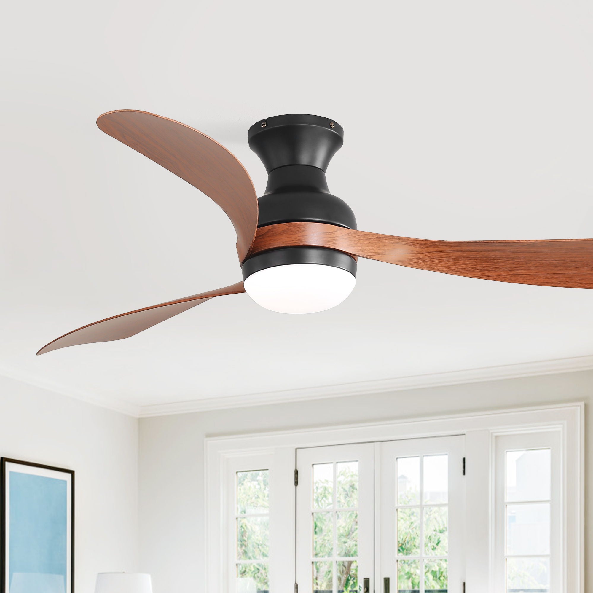 Ceiling Fan With Remote Controlled LED Light, 3 Blades, Reversible DC Motor, 6 Speeds, Dimmable, Flush Mount - Black