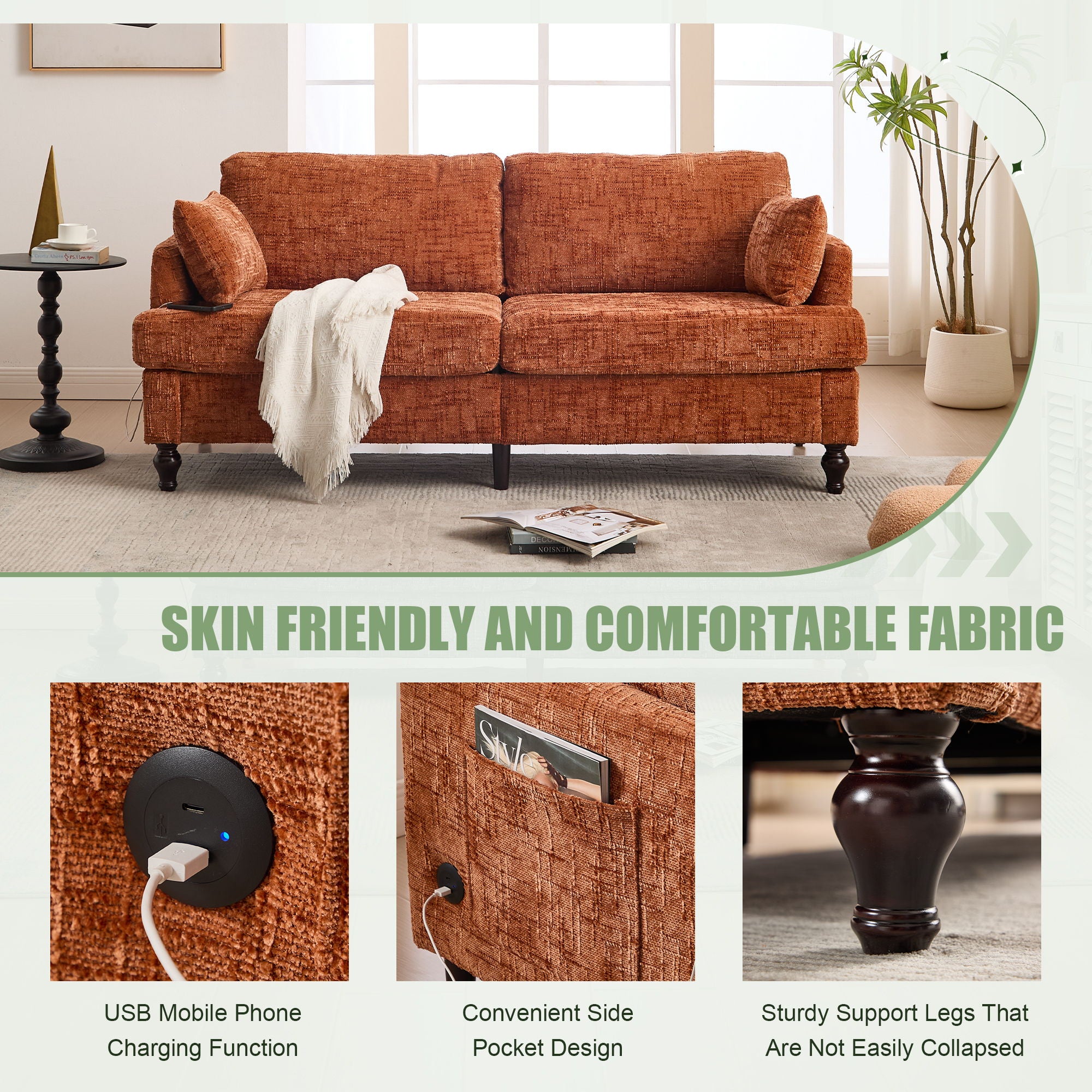 Chenille 2 Seater Sofa With LED Light, USB Charging Port, And Storage Bag